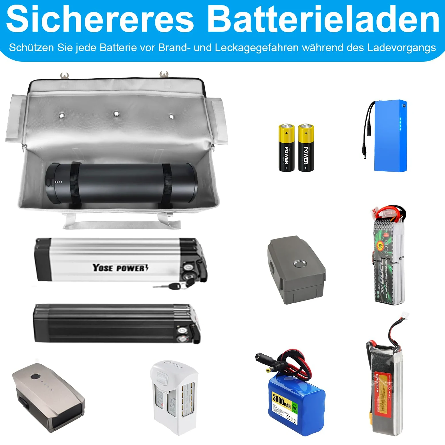 Bolsa de batería para bicicleta eléctrica (extragrande), bolsa de seguridad ignífuga y a prueba de explosiones para baterías LiPo, fibra de vidrio de 8 capas y tejido de silicona con tira reflectante