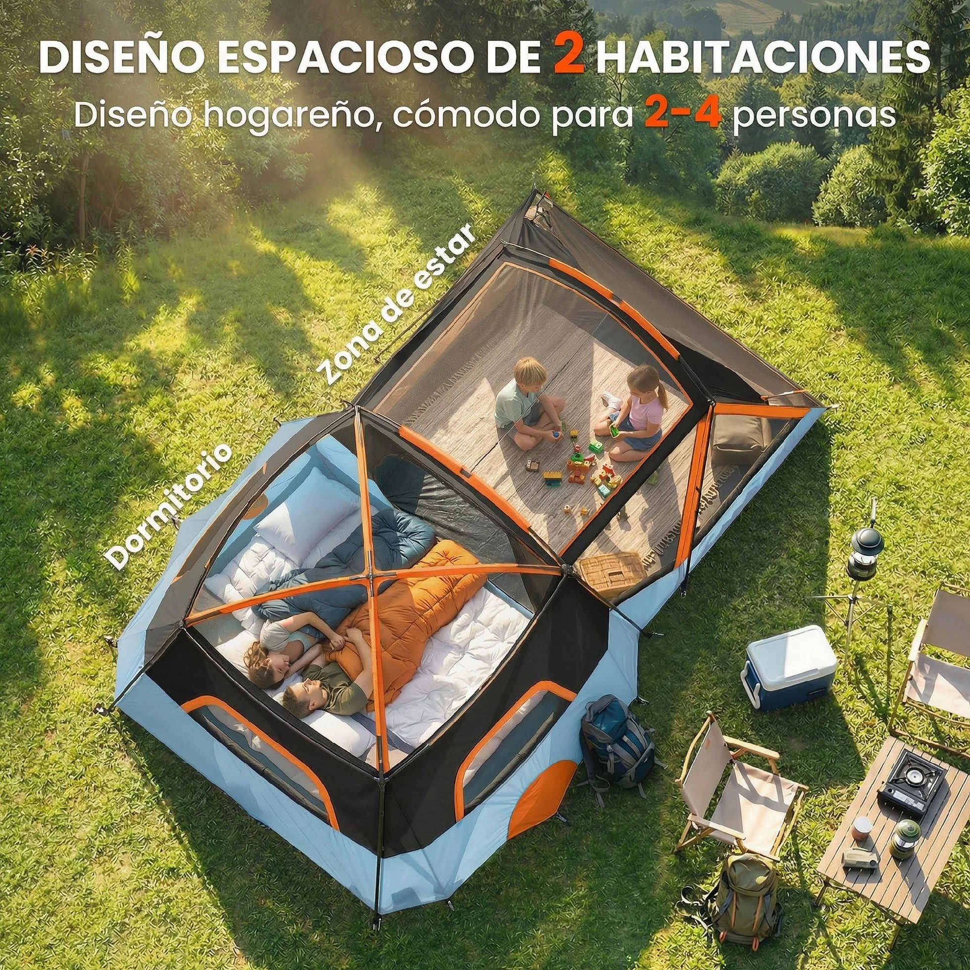 Outsunny Tienda de Campaña Familiar para 4 Personas Tienda Camping Plegable Tipo Túnel con 2 Habitaciones Puertas Ventanas Tragaluces Bolsa y Gancho Impermeable 3000 mm Fácil Montaje para Senderismo