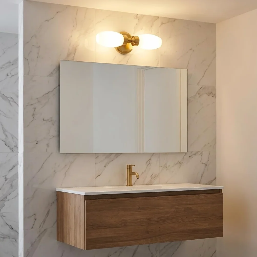 Alpinaluz Aplique de Pared para Baño dos focos E14 Cristal Opal Blanco Metal Dorado IP44