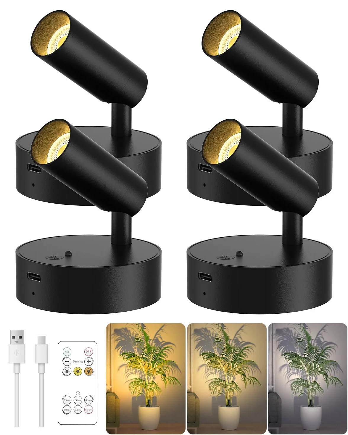 Foco de pared inalámbrico recargable 3000 mAh 3 colores regulable mando a distancia negro