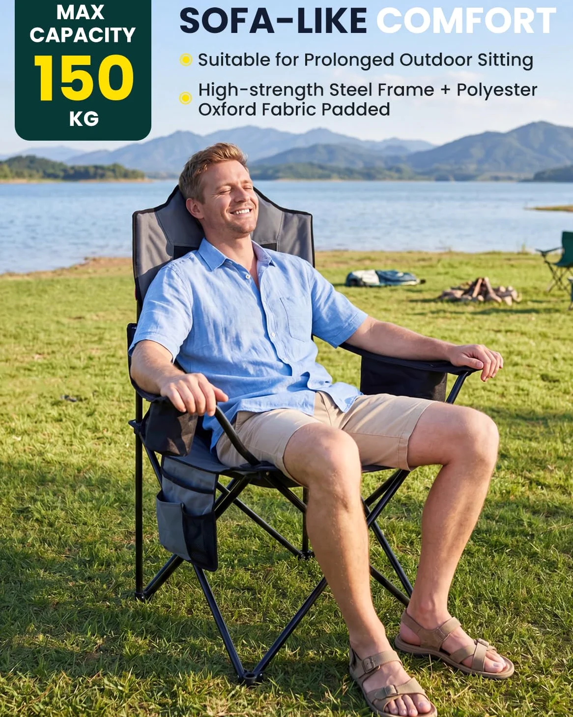 YEAUPE PRO Silla de Camping Plegable y Acolchada,Respaldo Alto,hasta 150 kg | Sillas de Pesca Extra Cómoda, con Bolsa Térmica, Portavasos y Bolsa de Transporte, para Camping, Playa, Festivales
