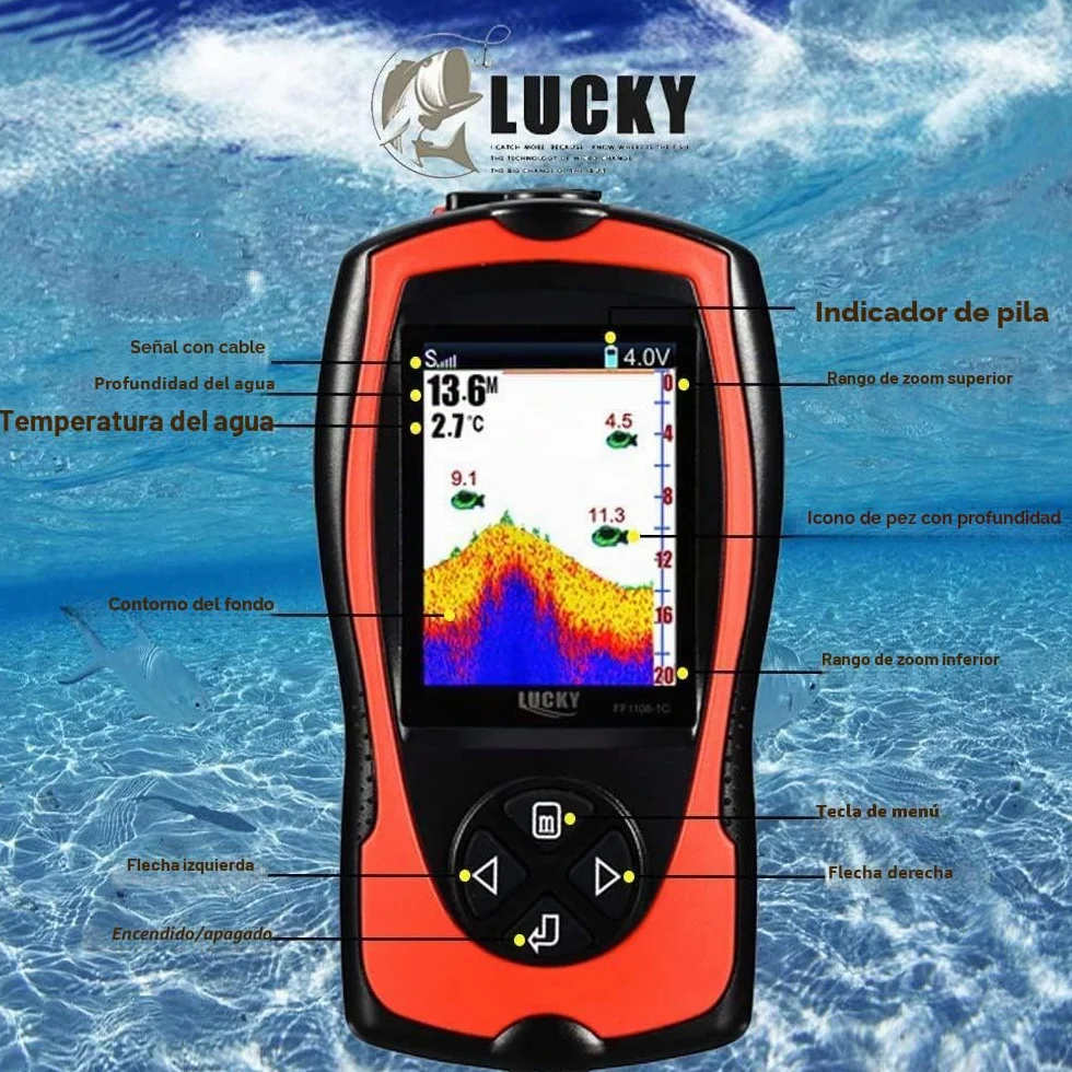 LUCKY Buscador de Peces Portátil con Sensor Sonda Transductor Pantalla LCD Ecosonda para Pesca en Hielo y Mar
