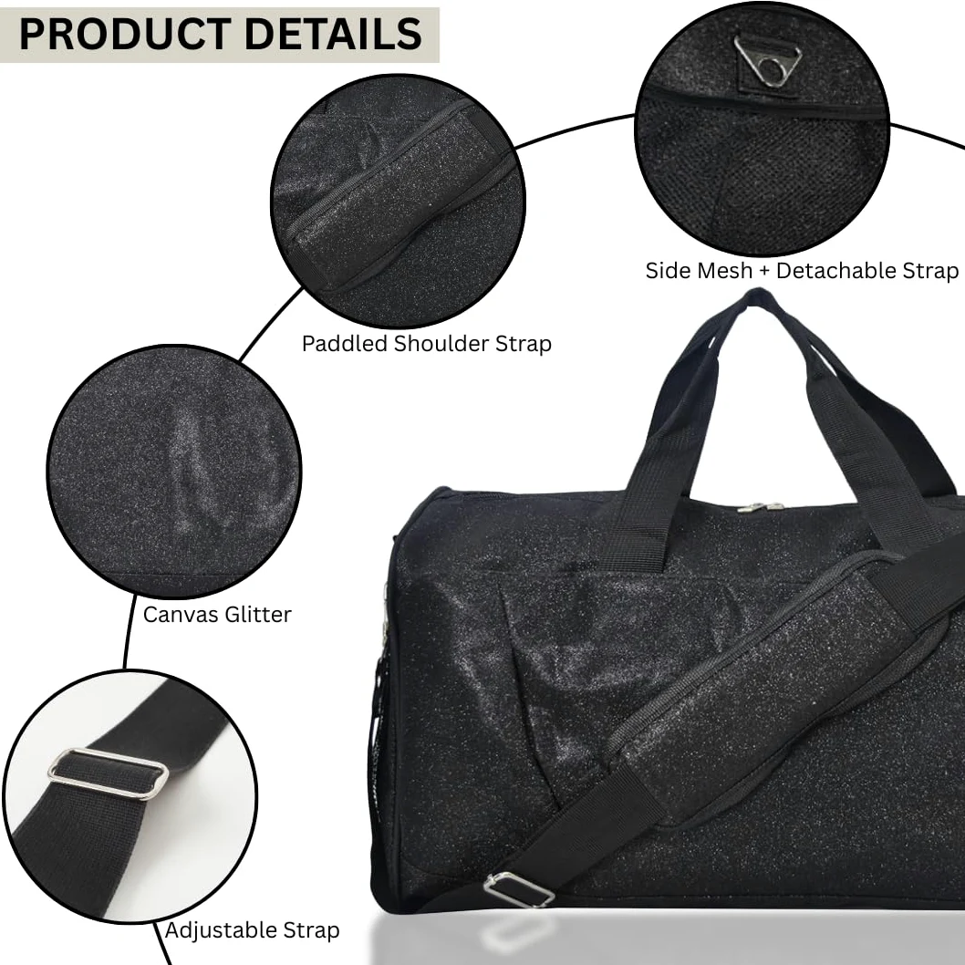 NGIL Glitter Cheers - Bolsa Deportiva para Gimnasio con Compartimento para Zapatos y pequeñas Bolsas de Viaje para Mujer, Bolsa de Gimnasio, Bolsas de Noche para Mujer, Bolsa de animación, Negro