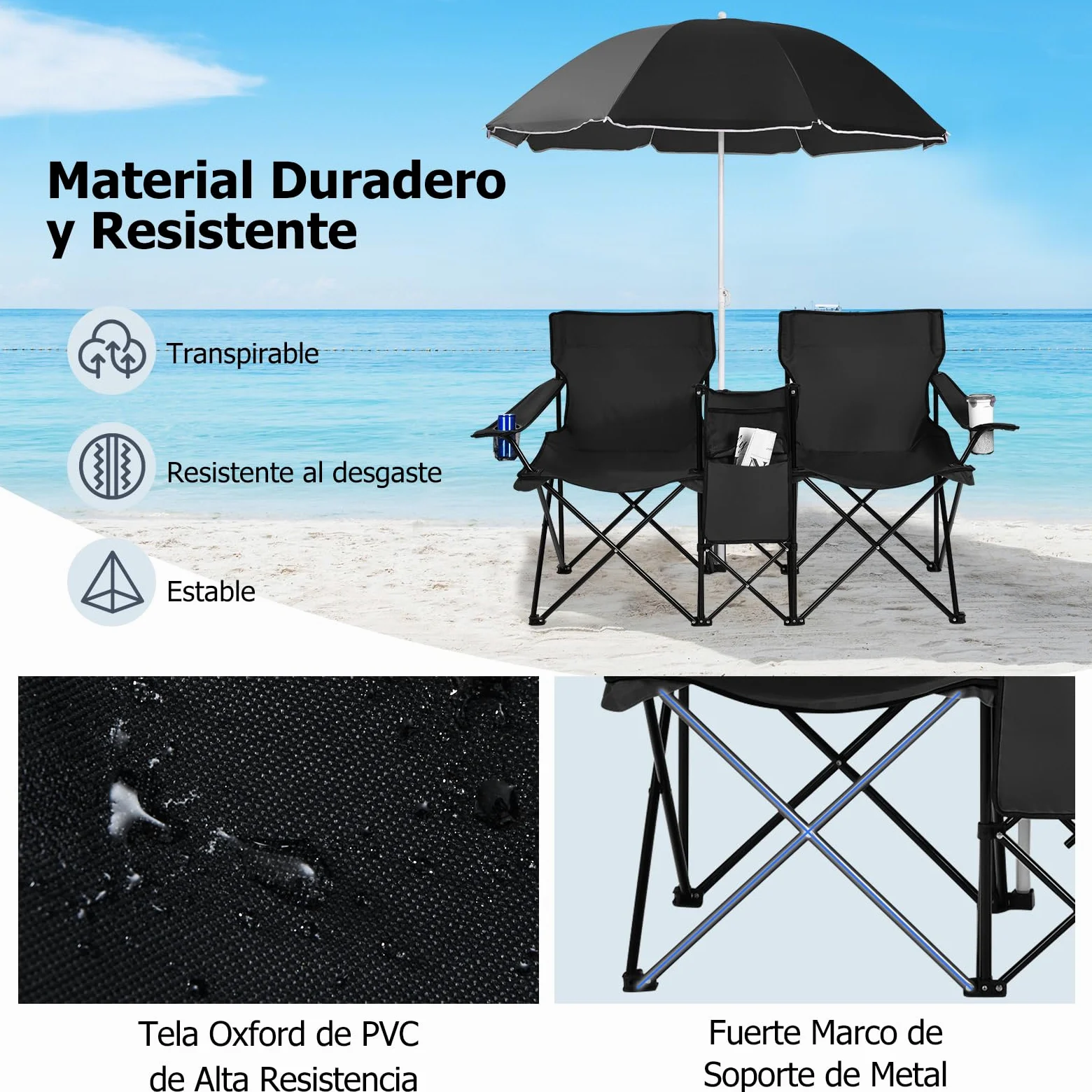 GIANTEX Juego de 2 Sillas de Camping Plegables con Sombrilla, Sillas de Pesca para 2 Plazas con Portavasos y Bolsa Nevera, para 2 Personas, con Bolsa de Transporte (Negro)