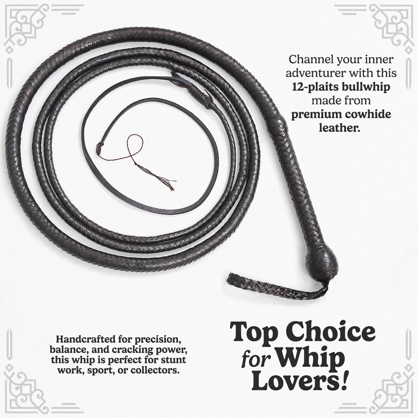 Bull Whip - Látigo Ecuestre de Cuero Vacuno auténtico de 06 a 16 pies, 12 hebras y Refuerzo de Cuero en el Interior