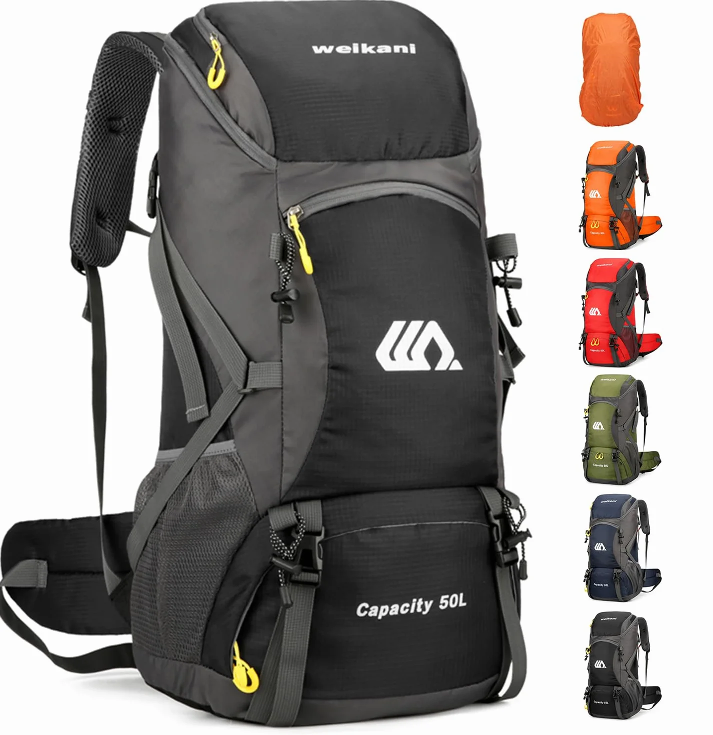 jianyana Mochila Senderismo Mochilas 50 litros Plegable Impermeable Mochila Trekking Ligera con Cubierta para la Lluvia para Acampar Caminar Deportes al Aire Libre para Mujeres Hombres (negro)