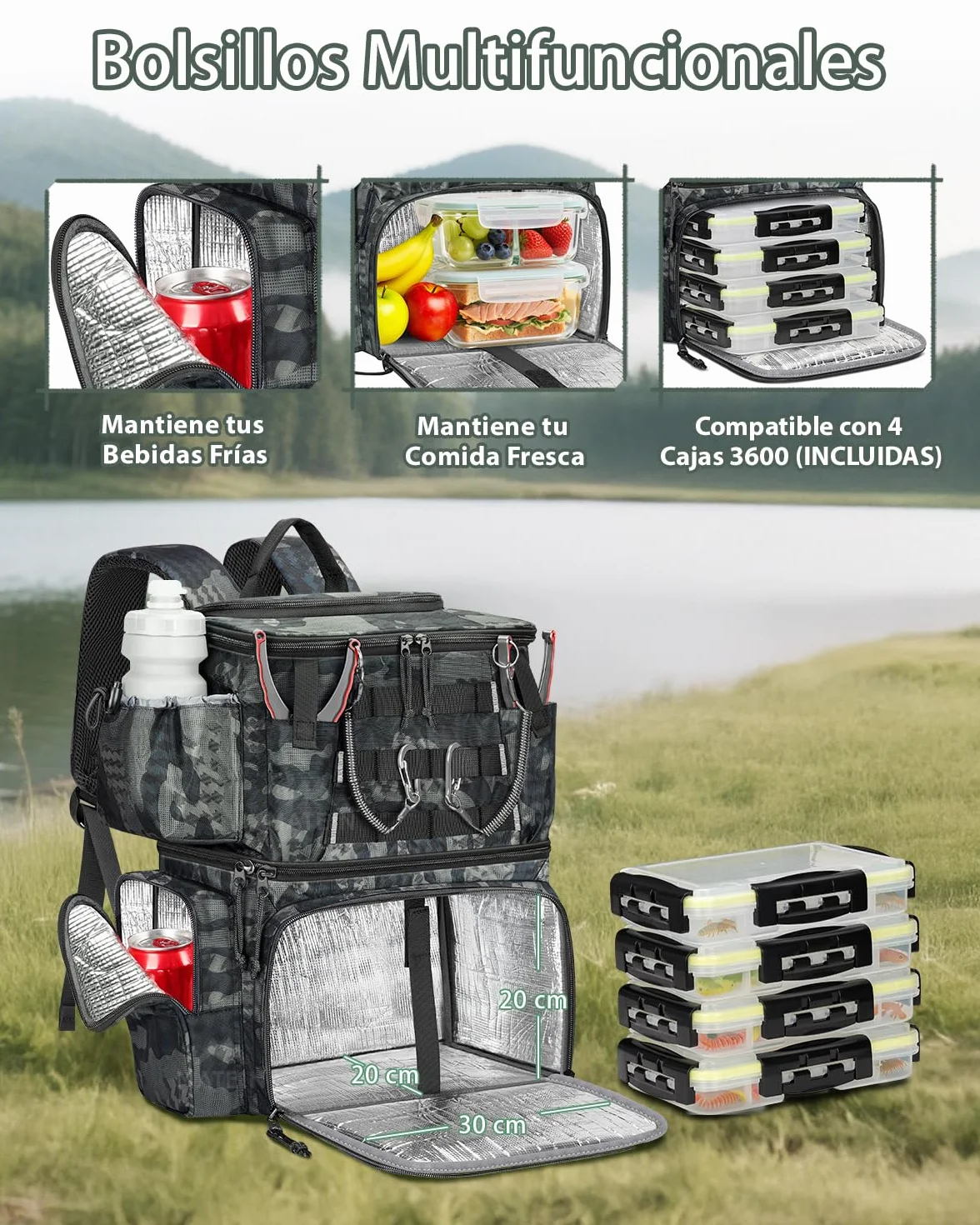 MATEIN Mochila Pesca Impermeable con 4 Cajas Aparejos y Soporte Caña Camuflaje