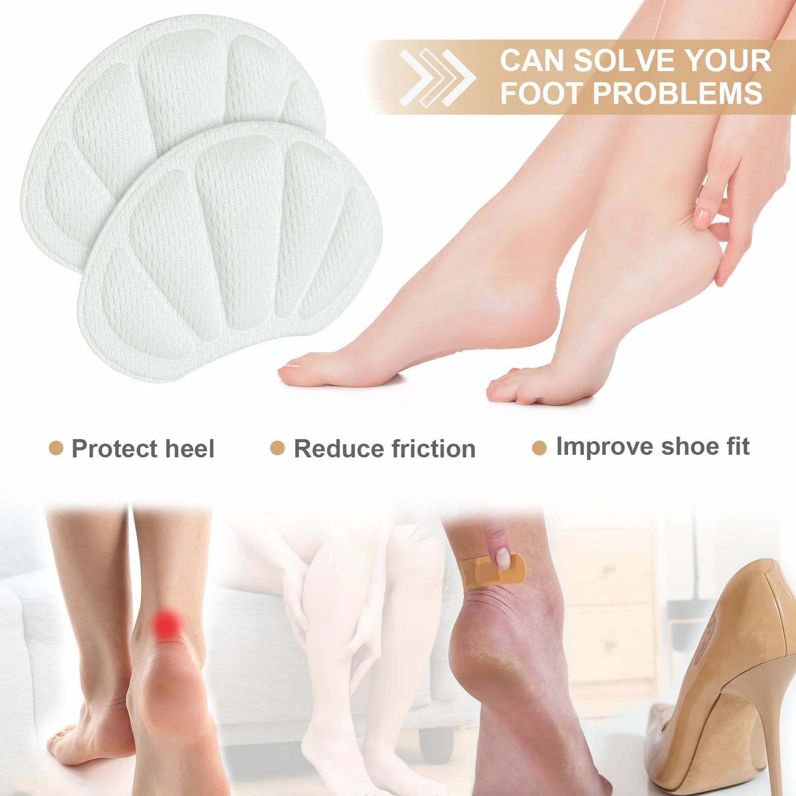Almohadillas para Talones Premium, Protector de Talón, Plantillas Antideslizantes Autoadhesivas (Blanco)