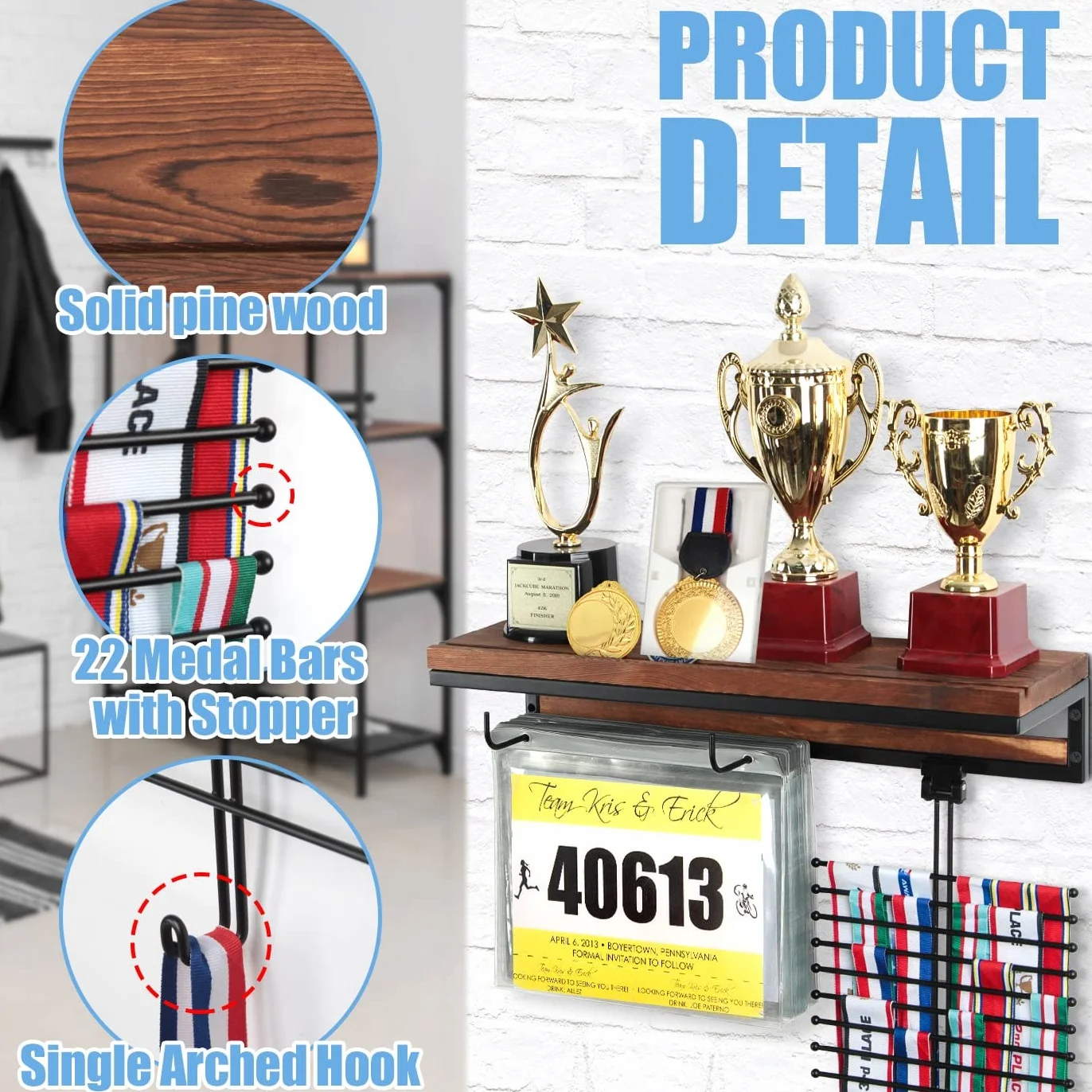 Colgador de pared para medallas de maratón con soporte de baberos, estante de trofeos y ganchos, 50 bolsas abatibles - MK817A