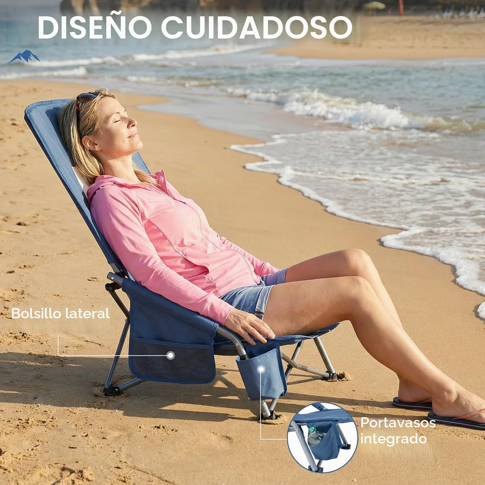 Portal Juego de 2 sillas de playa de respaldo alto, ligeras, bajas, portátiles, para adultos, asiento de playa, festival, picnic, mochila, tumbona plegable al aire libre, con portavasos de malla