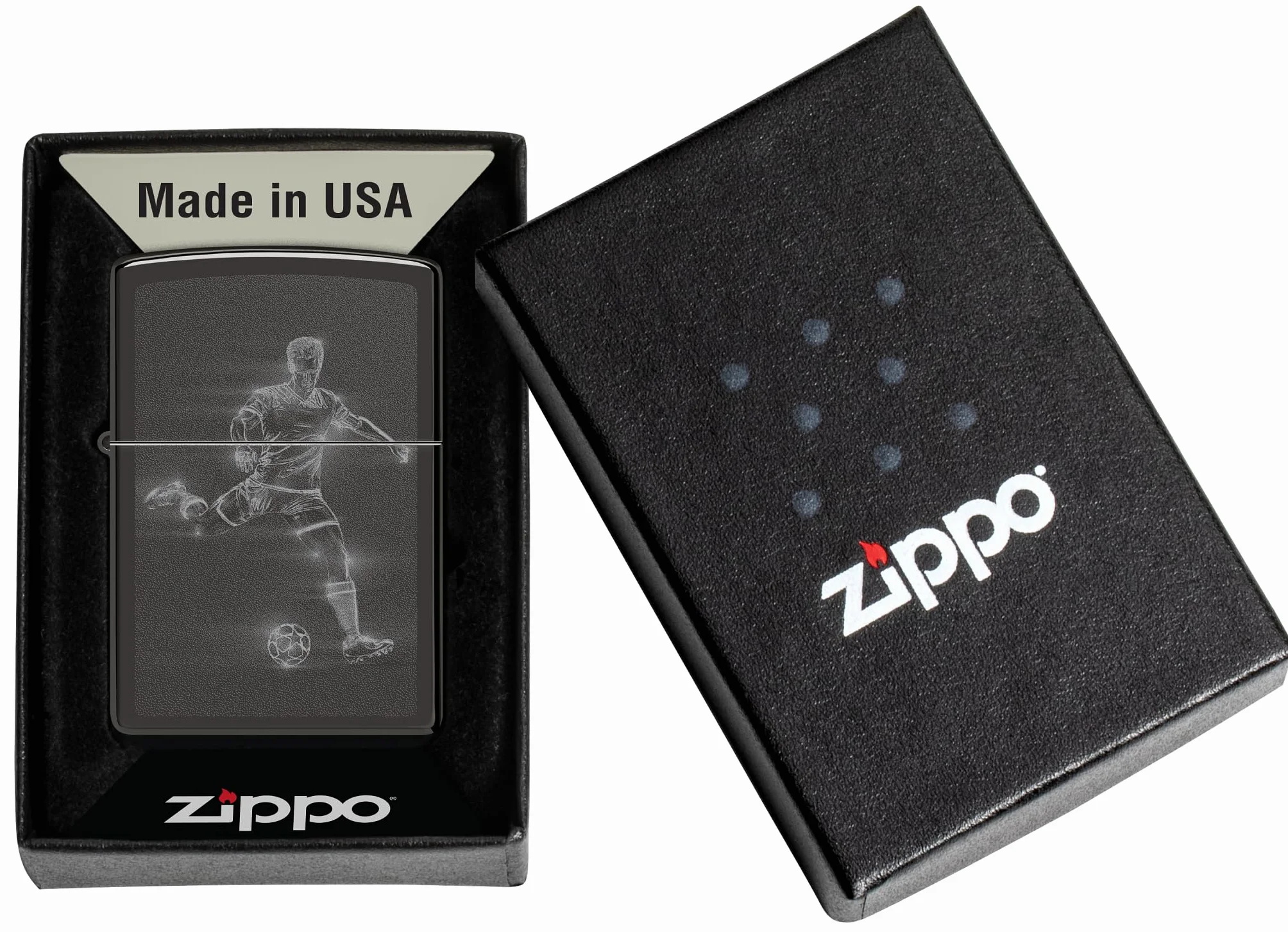 Zippo Encendedor a Prueba de Viento Recargable Reutilizable - Negro Alto Brillo - Diseño de Futbolista - Caja Regalo - Hecho en EE.UU.