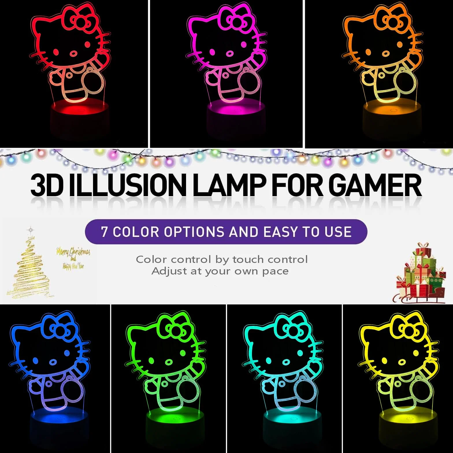 Lámpara Infantil 3D Tridimensional Gato Kitty, Control Táctil Inteligente 7 Colores LED, Accesorio Decorativo