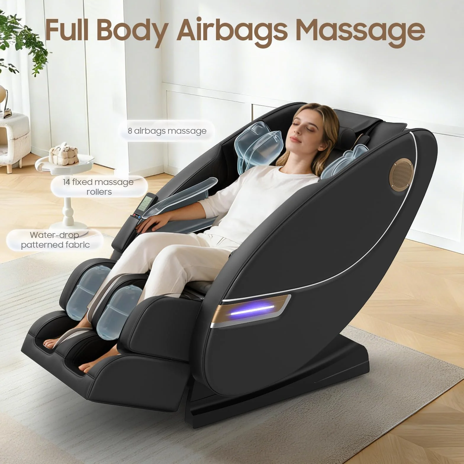 Sillón de Masaje de Cuerpo Completo Eléctrico, 14 Puntos de Masaje, 8 Airbags, Calefacción Lumbar y Piernas, Masaje Rodillos Pies, Altavoz Bluetooth