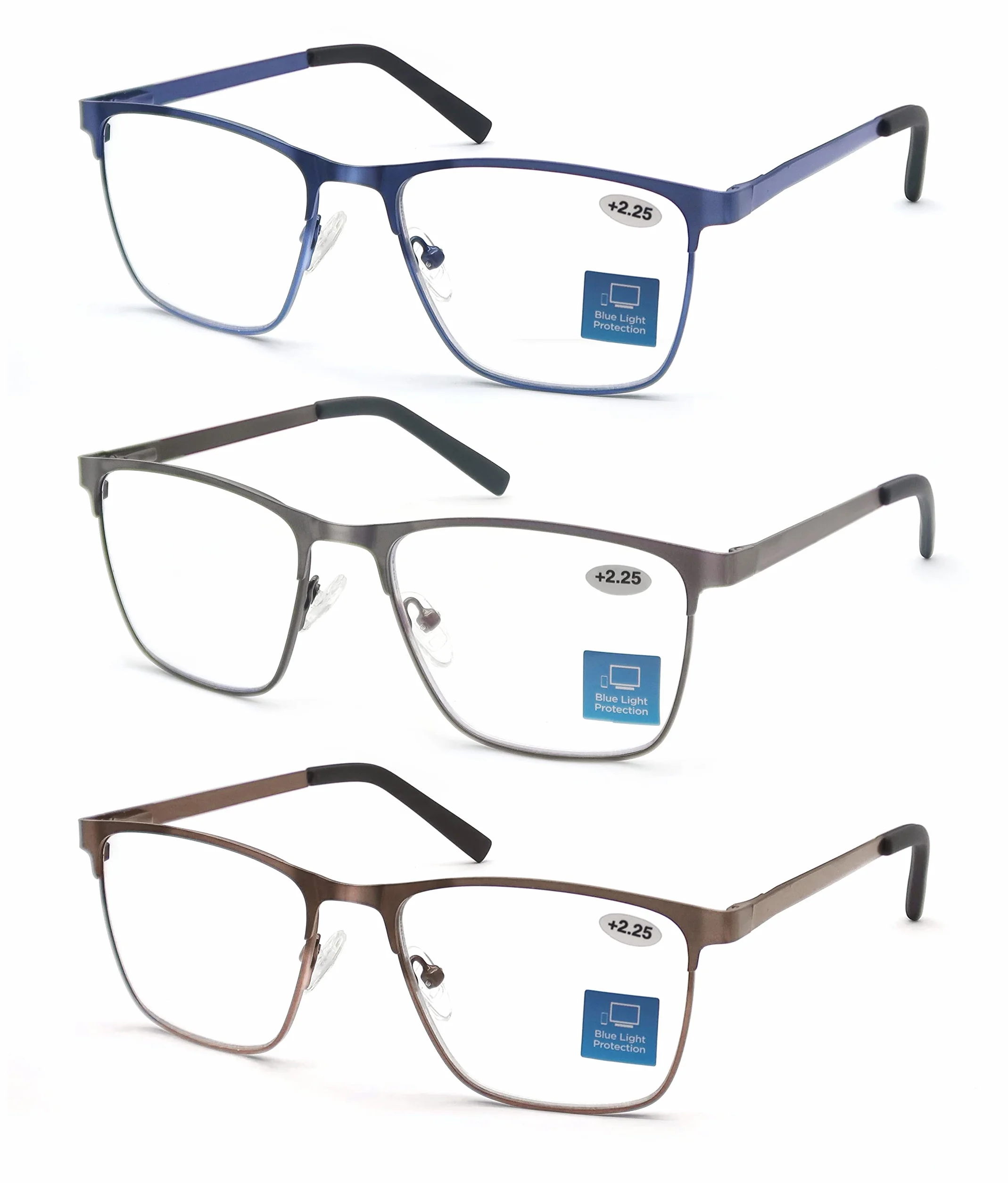 MODFANS Pack de 3 Gafas de Lectura Anti Luz Azul, Metal Acero Inoxidable, Lente Clara, Rectangular - Ligeras y Cómodas