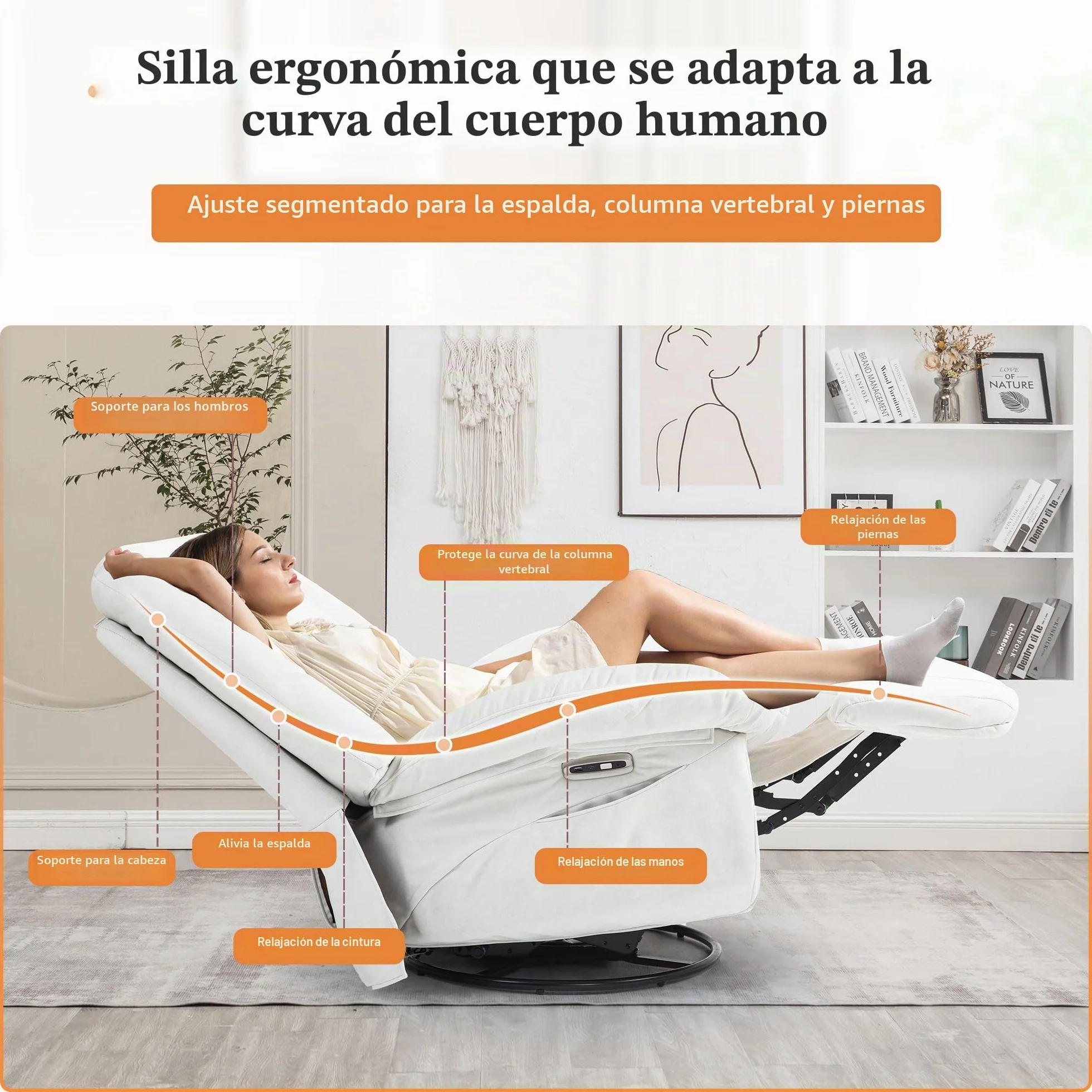 Sillón de Relax Eléctrico con Masaje, Calefacción y Vibración, Giratorio, Puertos USB-C, Reclinable para TV, Salón (Blanco)