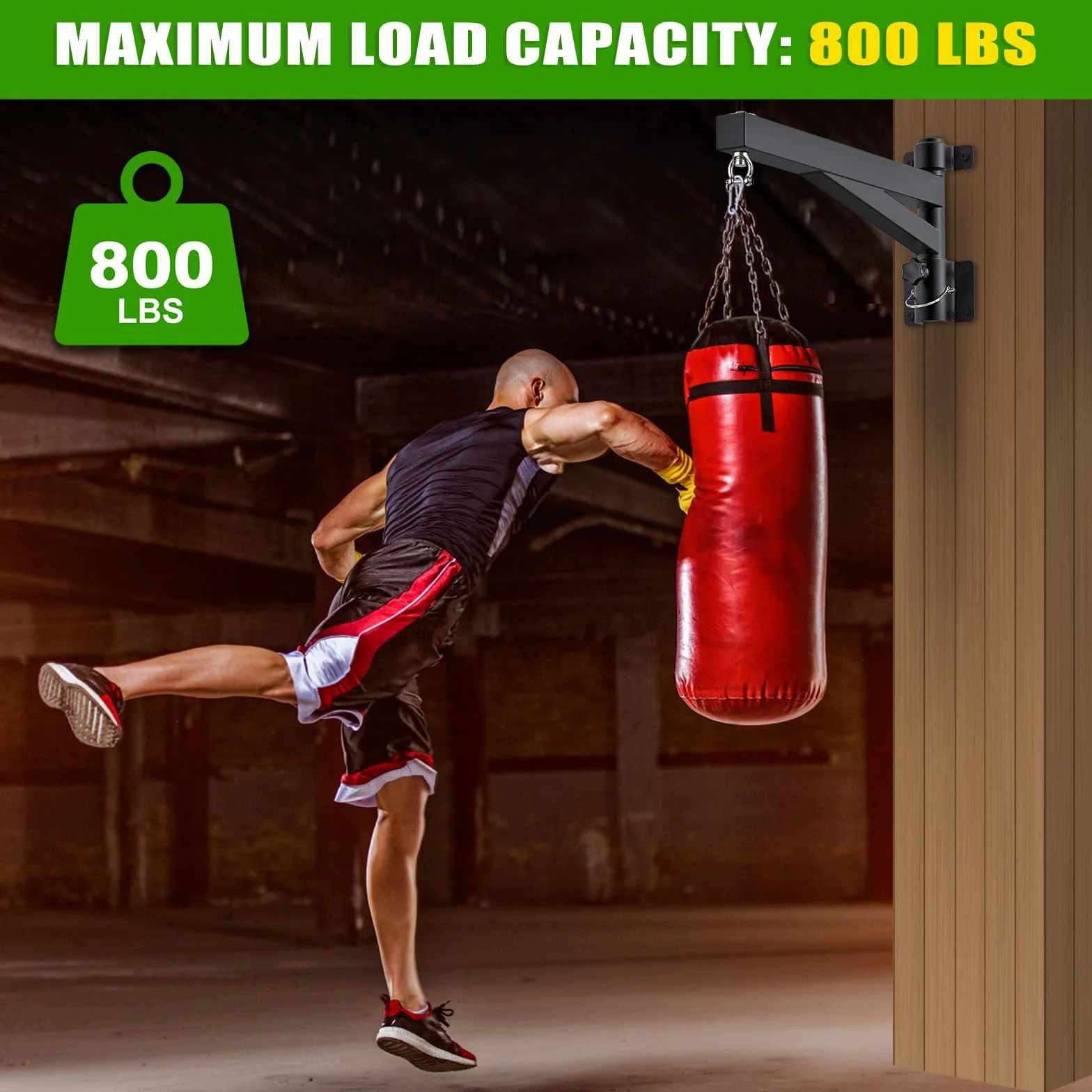 Kipika Soporte de pared para colgar bolsas pesadas de 24 pulgadas, capacidad de 800 libras con soporte giratorio de 360° y diseño plegable, soporte para saco de boxeo para boxeo, Muay Thai, bolsa de
