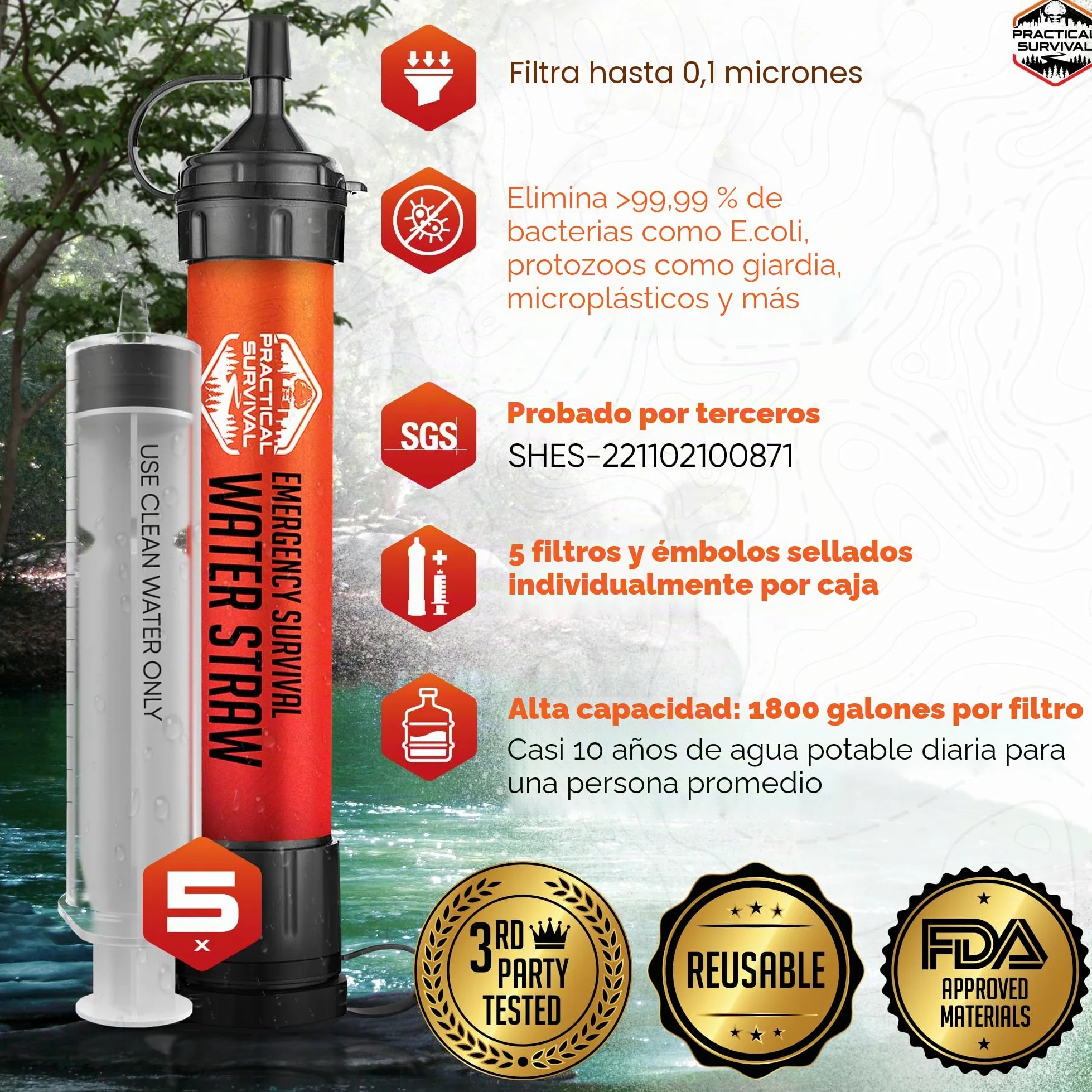 5 pajitas de agua de supervivencia de emergencia de alta capacidad, filtro de agua personal para camping, senderismo, viajes, ciclismo, supervivencia, preparación para emergencias, ligero,