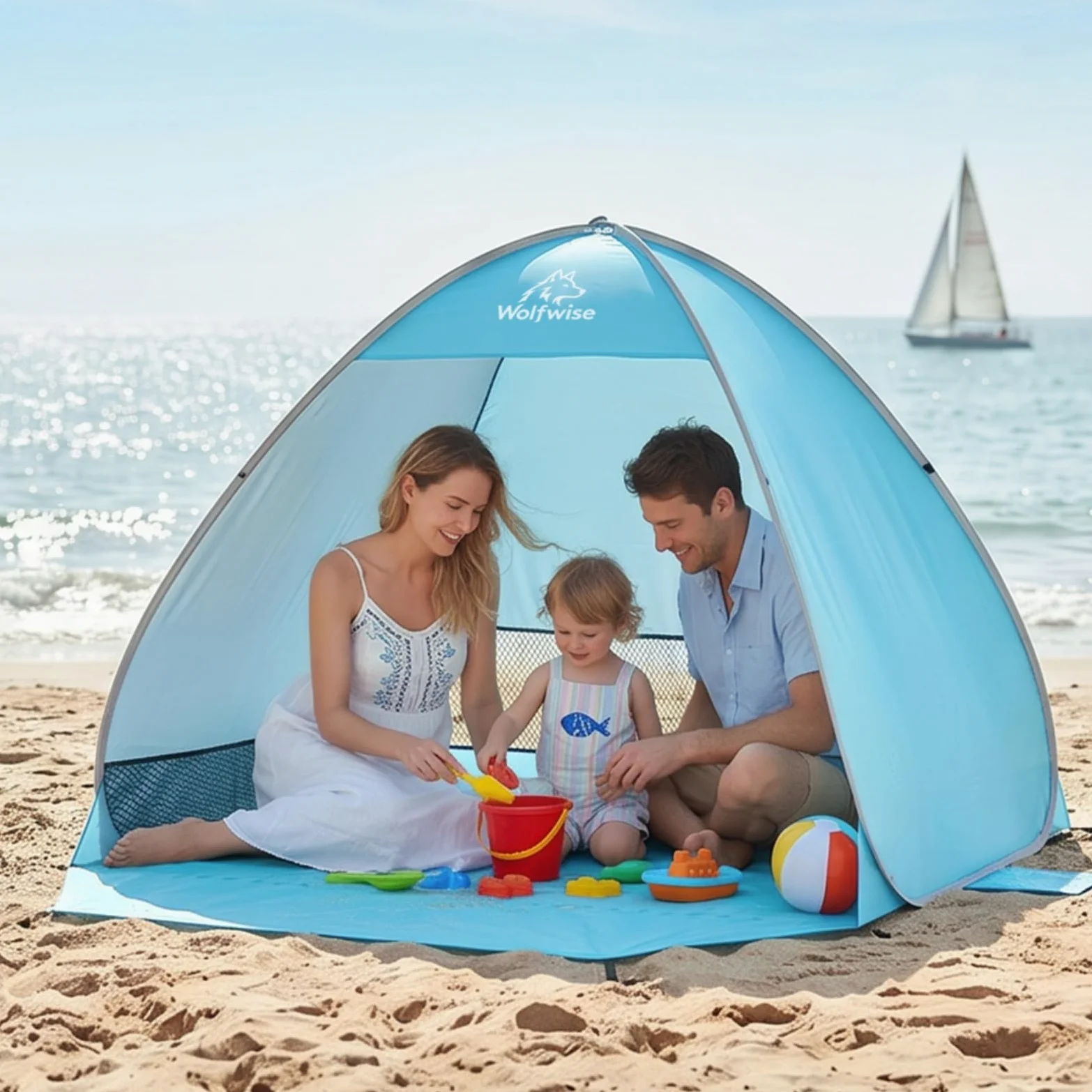 Wolfwise Carpa de Playa desplegable para 2-3 Personas, Refugio de Playa con protección UV 50+, Montaje en Segundos, Repelente al Agua y ventilada, 150 x 120 x 110 cm (59 x 47 x 43 in), Azul