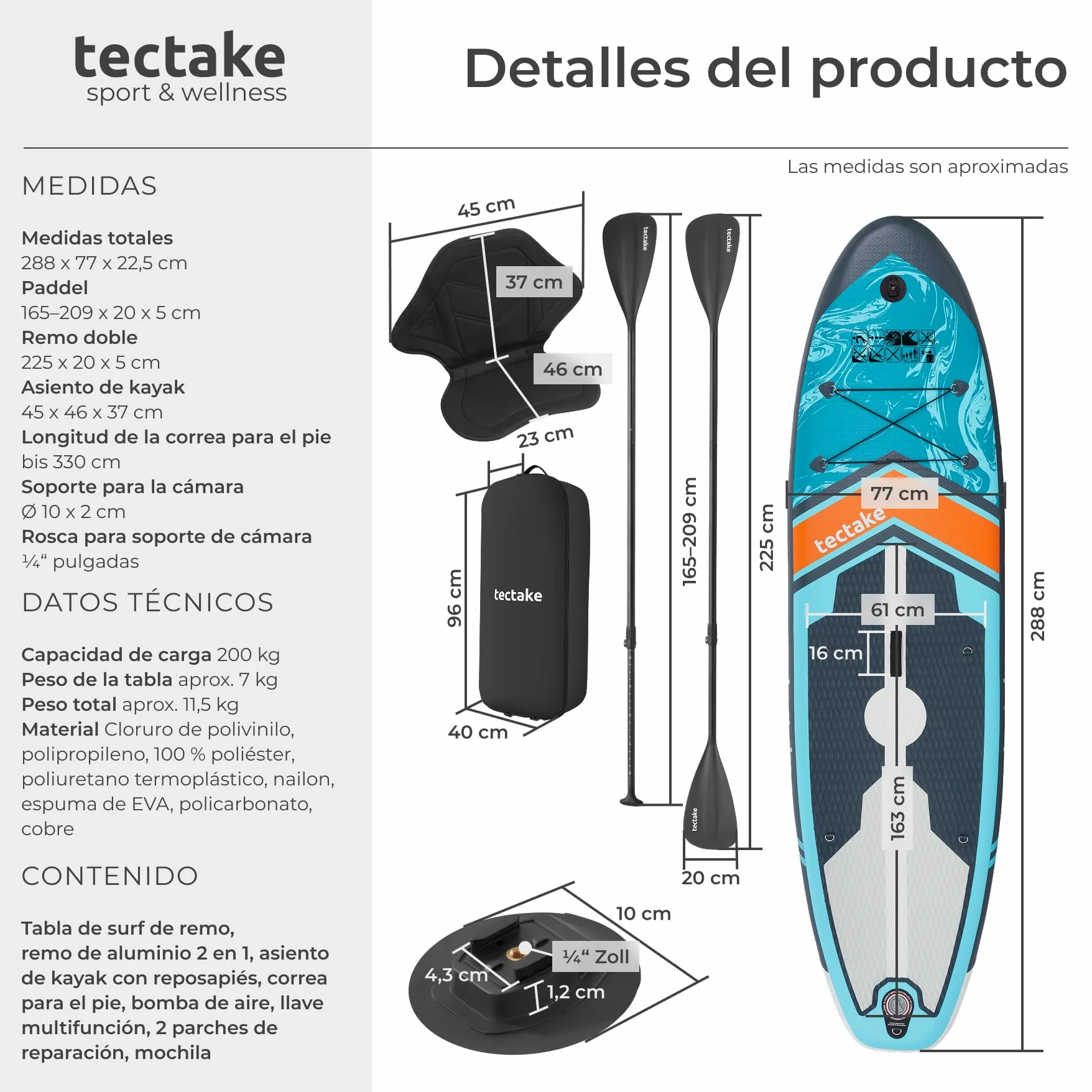 tectake® Tabla Sup Hinchable, Soporte Cámara, 200 kg, Antideslizante | Asiento de Kayak, hasta 200 kg, Antideslizante, 288 cm, Material Drop-Stitch, Raqueta Doble Ajustable, SUP, Turquesa/Naranja