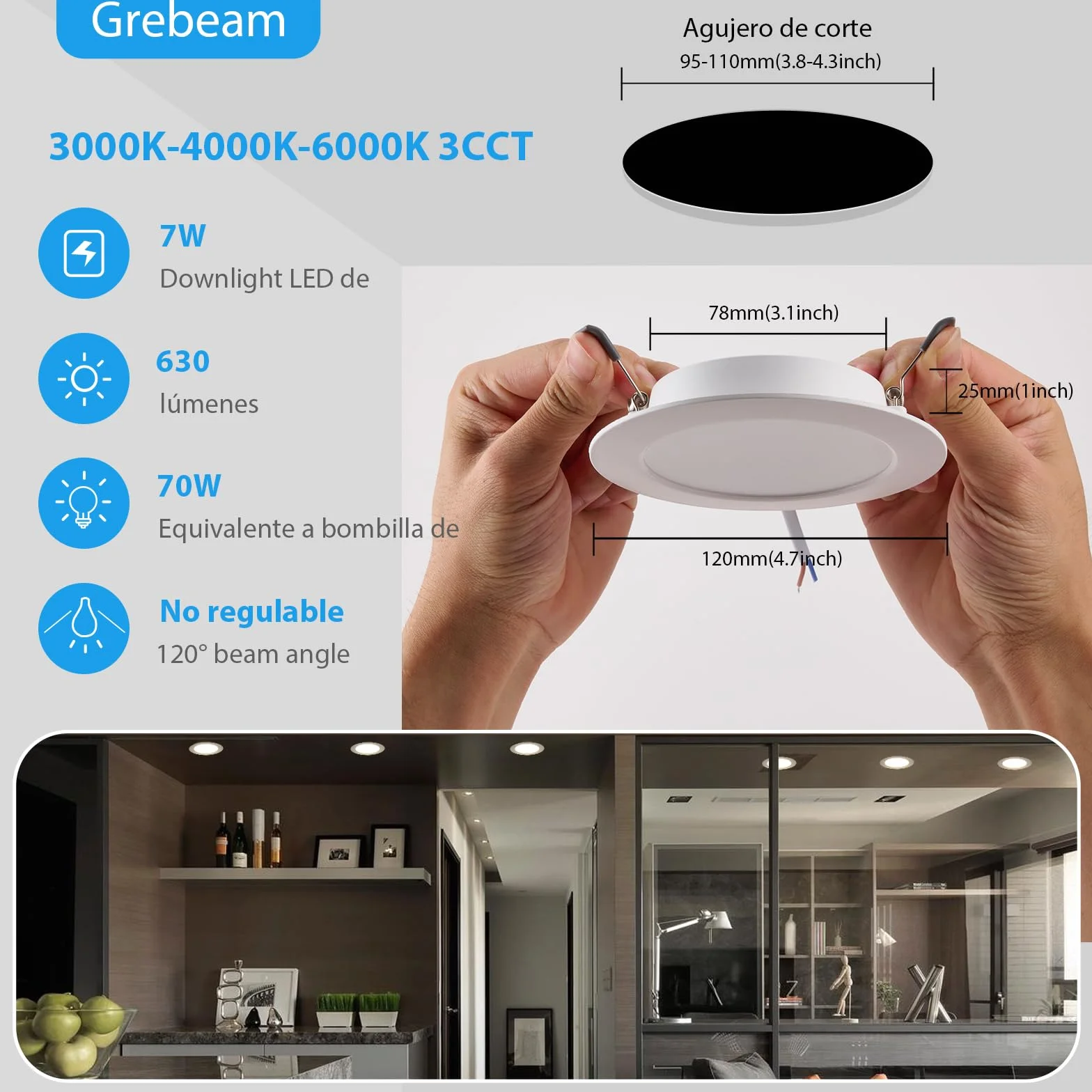 Focos LED empotrables 7W IP44 blanco cálido frío 3000K 4000K 6000K Ø95-110mm Lote 20