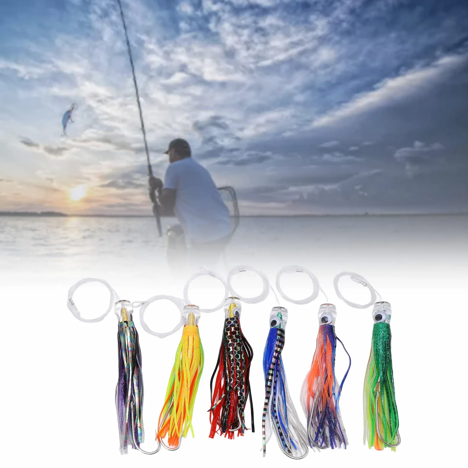 KIMISS Trolling Falda Señuelos Set Acrílico Trolling Lure Six Color Mix 6Pcs Set Cebo Artificial Calamar Pulpo Faldas Acrílico Trolling Señuelo de Pesca de Agua Salada para Peces Grandes