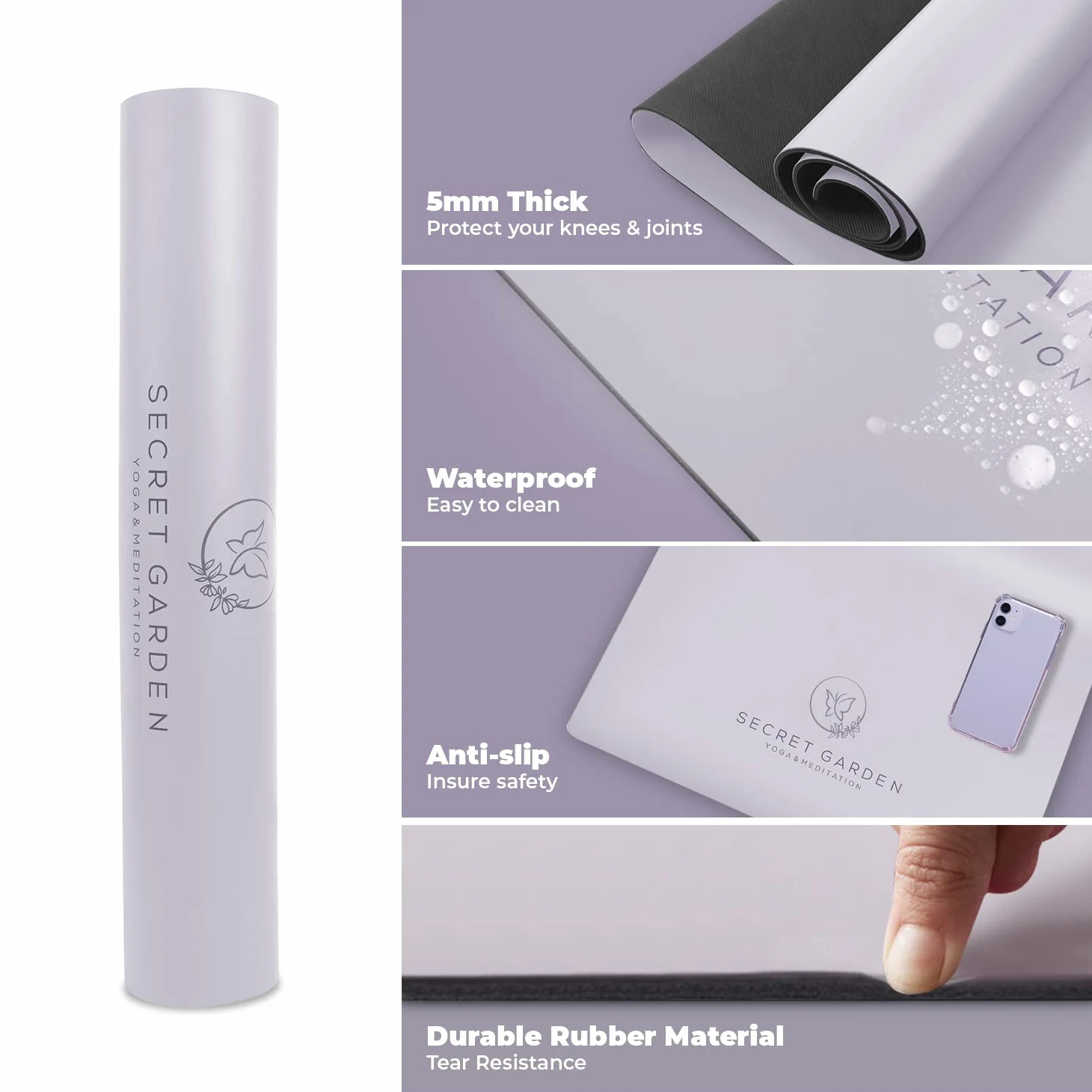 Esterilla de yoga antideslizante – Esterilla de ejercicio de doble capa para pilates, meditación, ejercicio – 5 mm de grosor para amortiguación y apoyo – lavanda