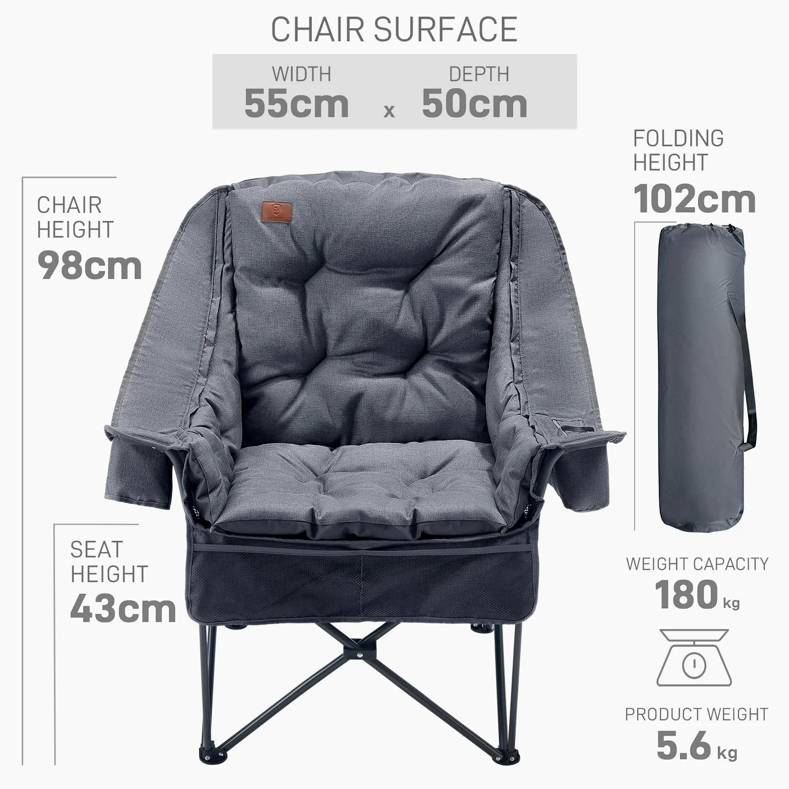 EVER ADVANCED Silla de Camping Plegable 2 en 1 Extragrande con Acolchado extraíble de 6 cm de Grosor, soporta 180 kg, Incluye Bolsillos Laterales, Compartimento refrigerador y portavasos