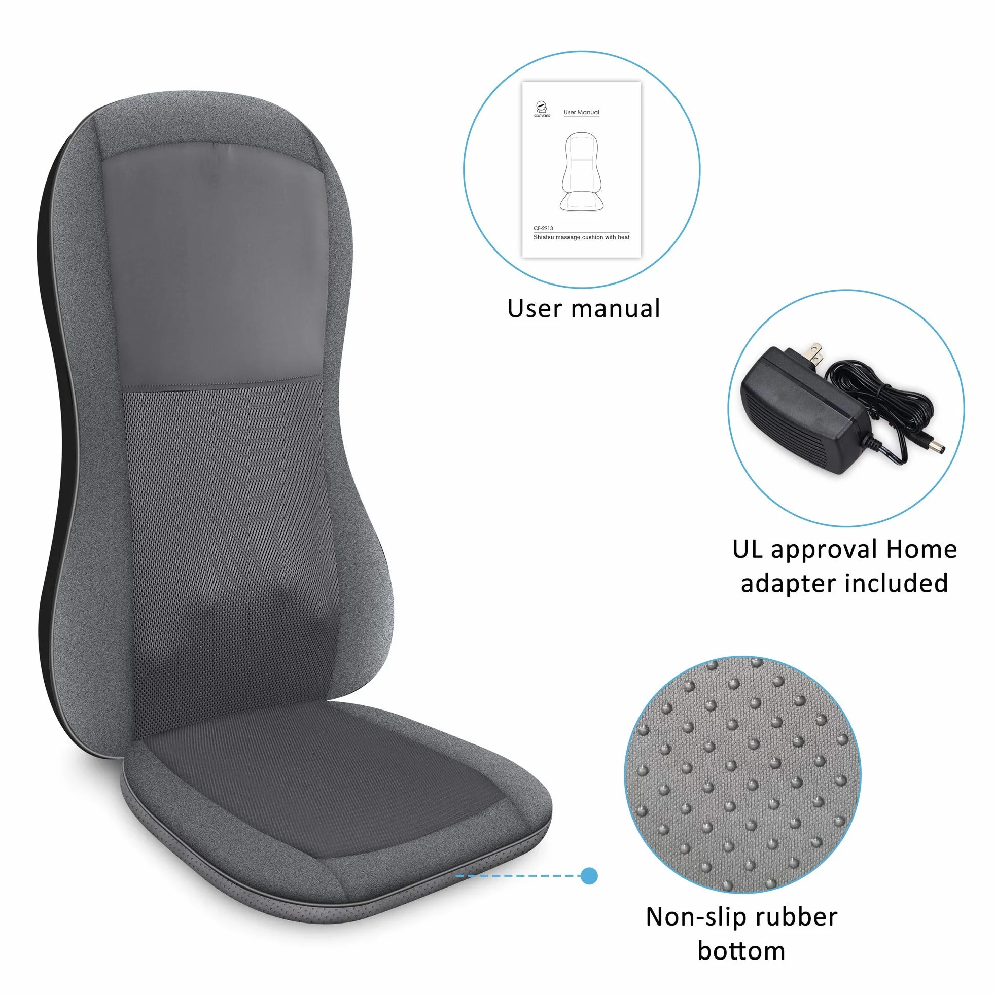 COMFIER Masajeador Shiatsu para Espalda, Sillón de Masaje con Calor, 10 Nodos, Almohadillas Rodantes Lumbares