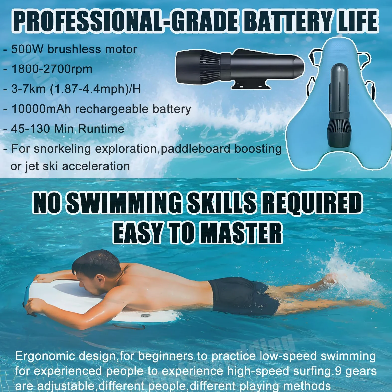 Tabla de Surf Eléctrica Jet Board, Scooter Acuático Motorizado 500W/700W | Velocidad 3–7/9km/h, Modo Dual, Autonomía 40–130min, Profundidad 40m, Carga 115kg, Paddle Surf Hinchable
