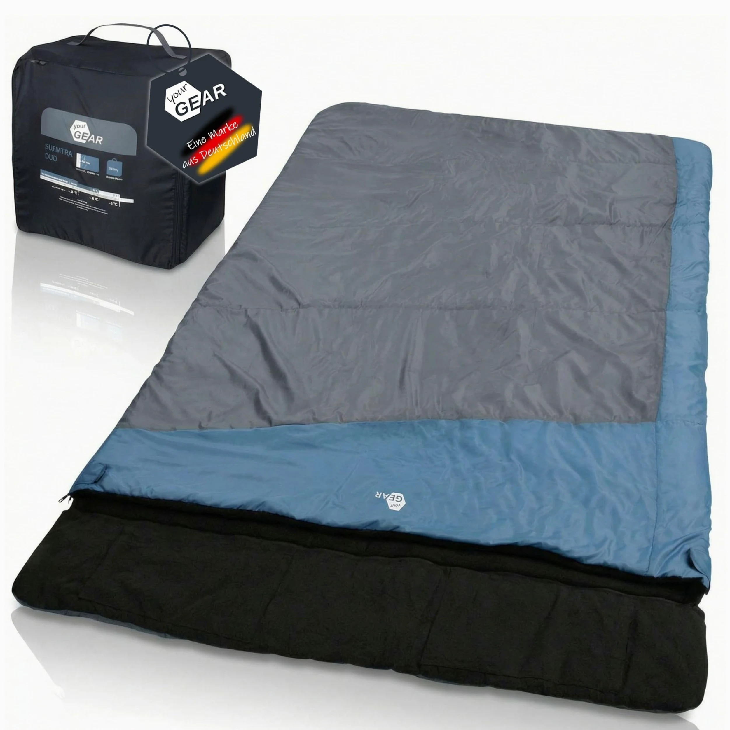 your GEAR Sumatra Duo - Saco de dormir para 2 personas (7 °C, doble manta, 230 x 160 cm, forro 100% algodón), color azul y gris