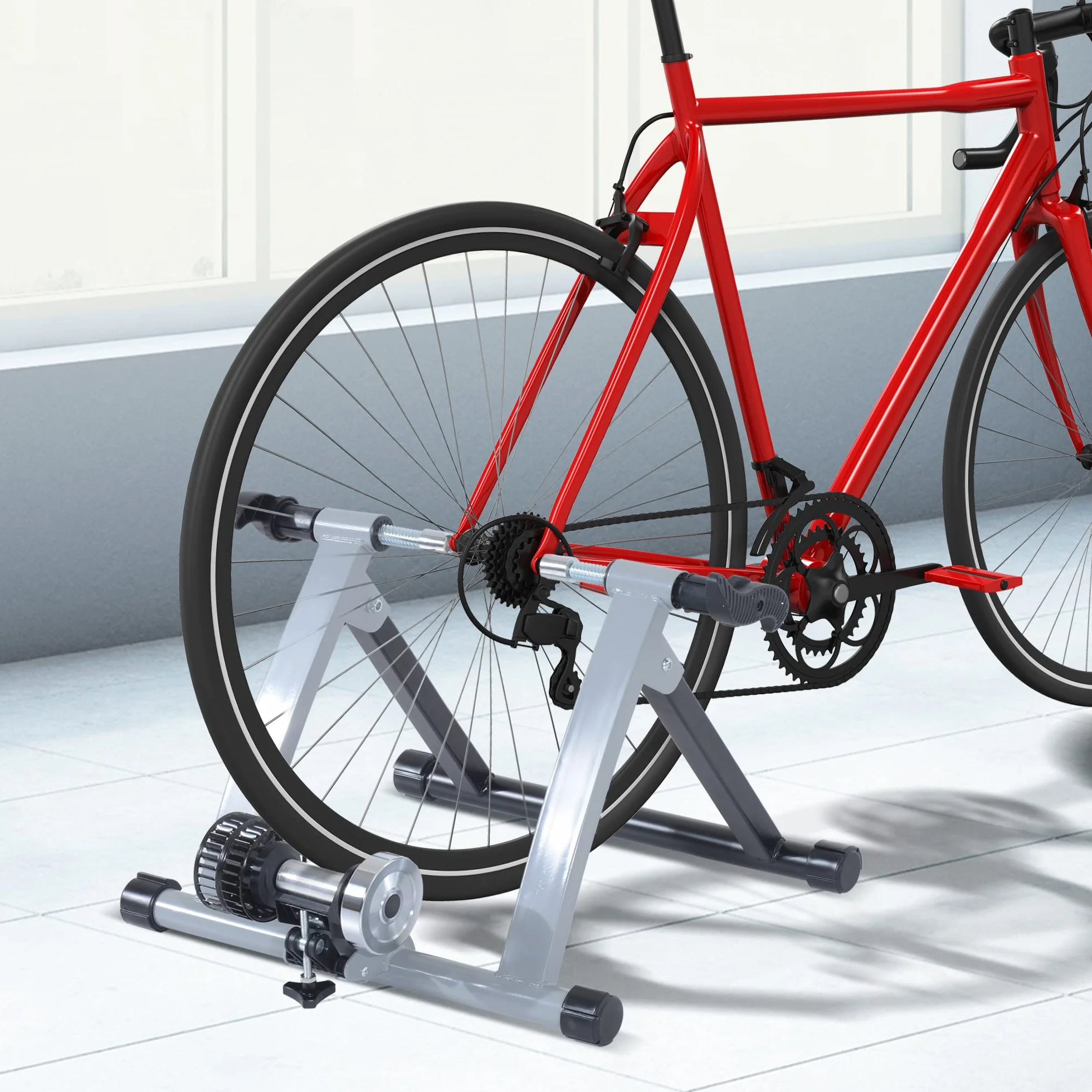 HOMCOM Rodillo de Entrenamiento Magnético para Bicicleta Cicloentrenador Plegable 54,5x47,2x39,1cm Plata y Negro
