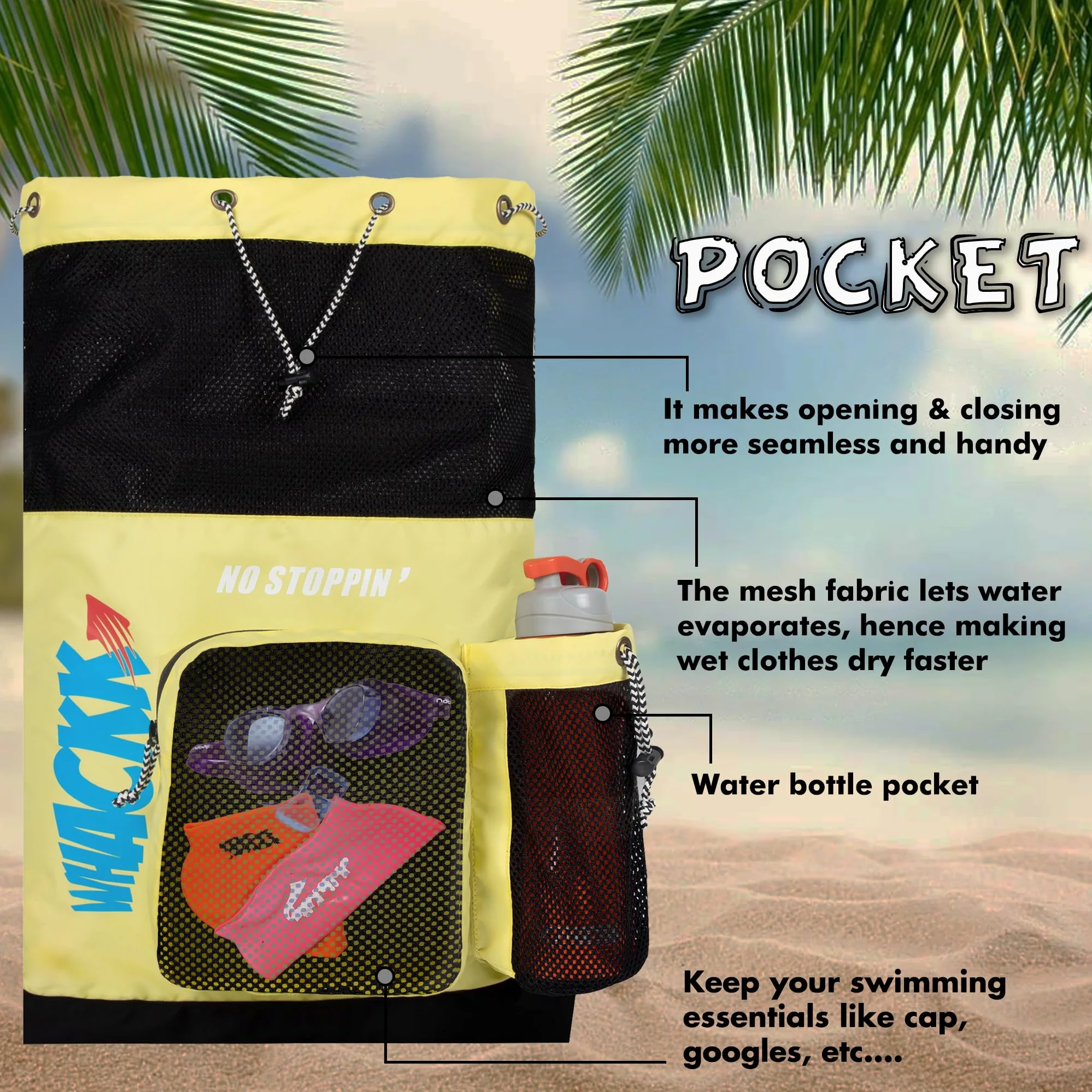 Whackk Aqua - Bolsa unisex para equipo de natación, deportes acuáticos, bolsas secas, bolsillo húmedo, accesorios, bolsa de playa, equipo de gimnasio, mochila con cordón, bolsa de netball, bolsillo