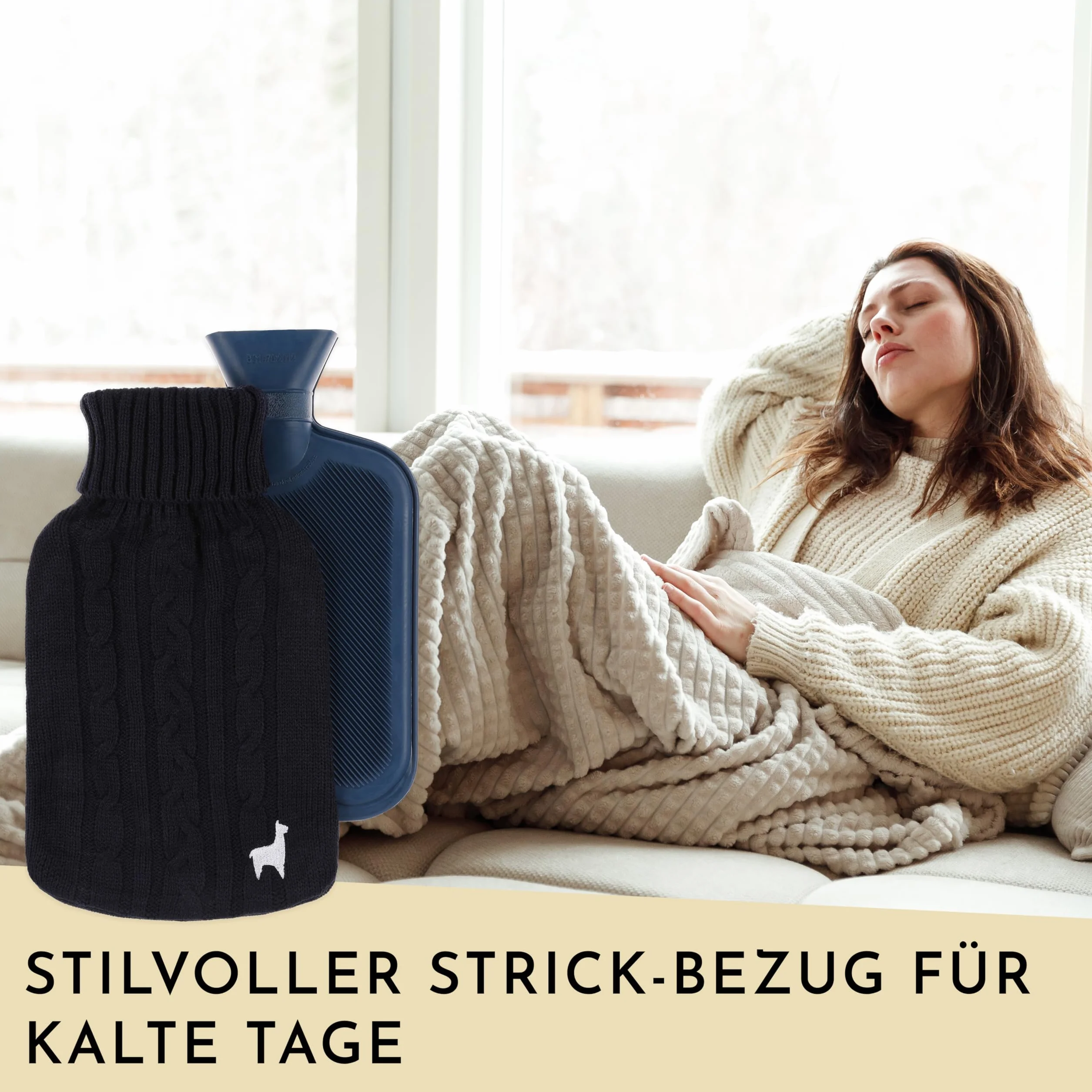 Nordstern Bolsa de agua caliente con funda tricotada suave - Botella de calor a prueba de fugas para alivio del dolor, caucho natural, azul oscuro