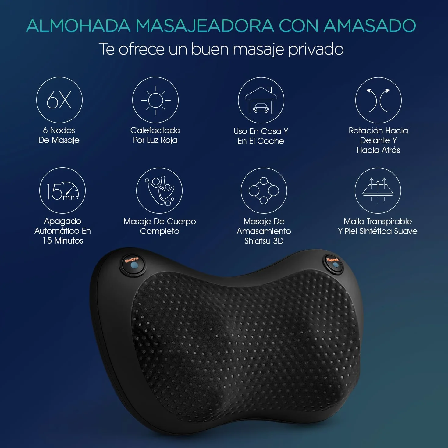 Cojín de Masaje Shiatsu, Masajeador de Cuello y Espalda con Calor, 3 Velocidades, Negro