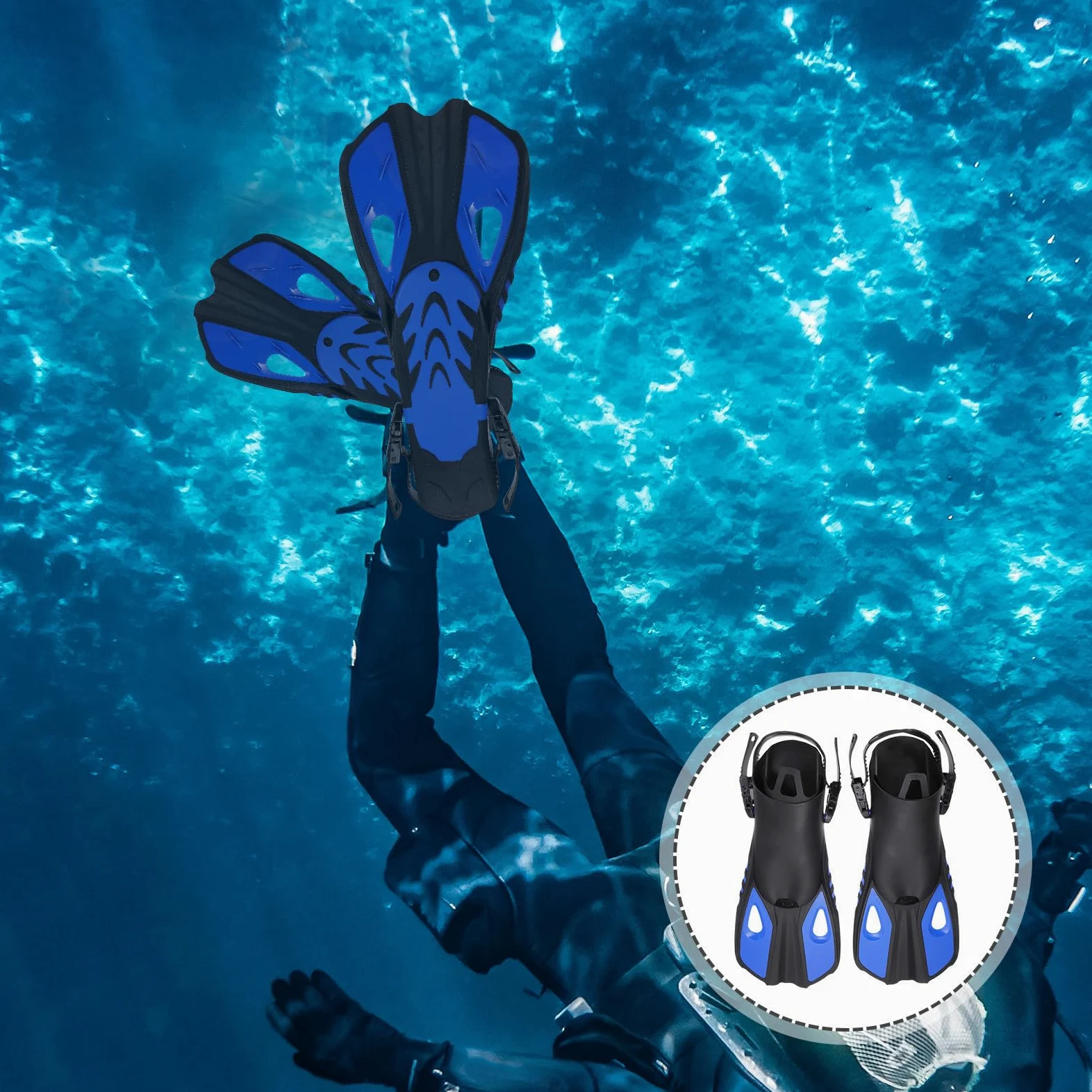 Tofficu Aletas de Natación de Goma Aletas de Entrenamiento de Natación Ajustables para Adultos Azul para Entrenamiento