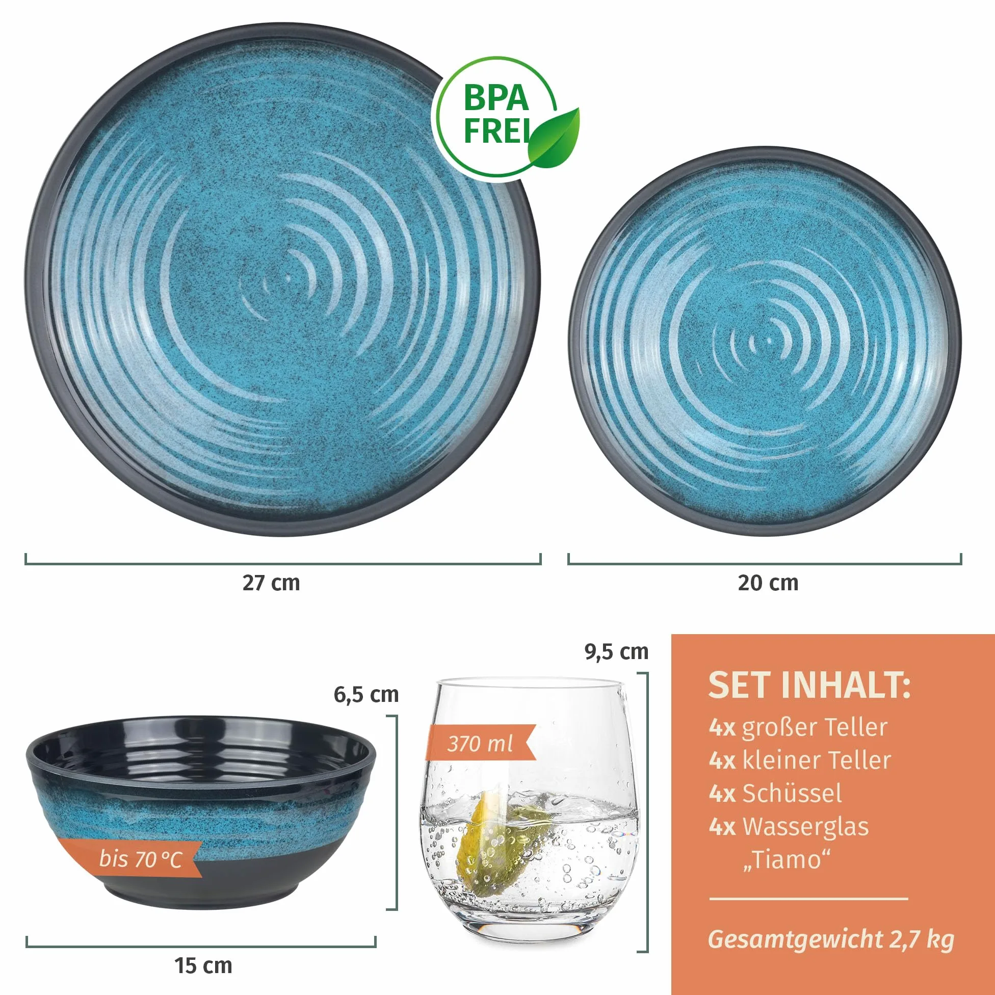 Vajilla de melamina para camping, 4 personas, color azul piedra + 4 vasos de agua Tiamo vajilla de picnic barbacoa