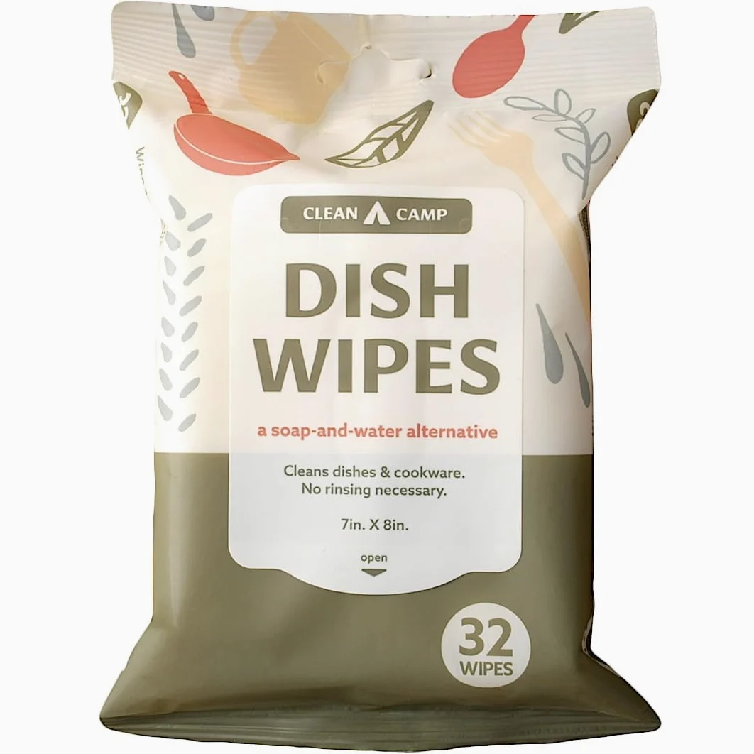 Clean Camp Dish Wipes™ | Toallitas de cocina biodegradables 100% naturales | 32 ct, paquete de 1 | Alternativa de jabón y agua probada en laboratorio | Prehumedecido apto para alimentos, sin enjuague