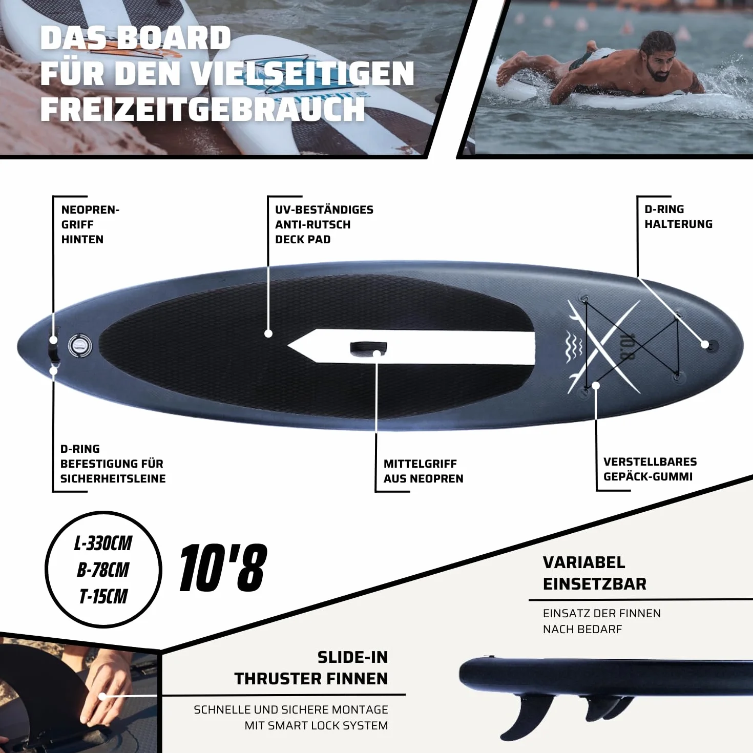 SUPRFIT Tabla de paddling Stand Up Surfit como juego completo inflable, tabla de remo con doble capa de PVC, paddle stand-up, tabla de paddle Stand Up hasta un máximo de 150 kg