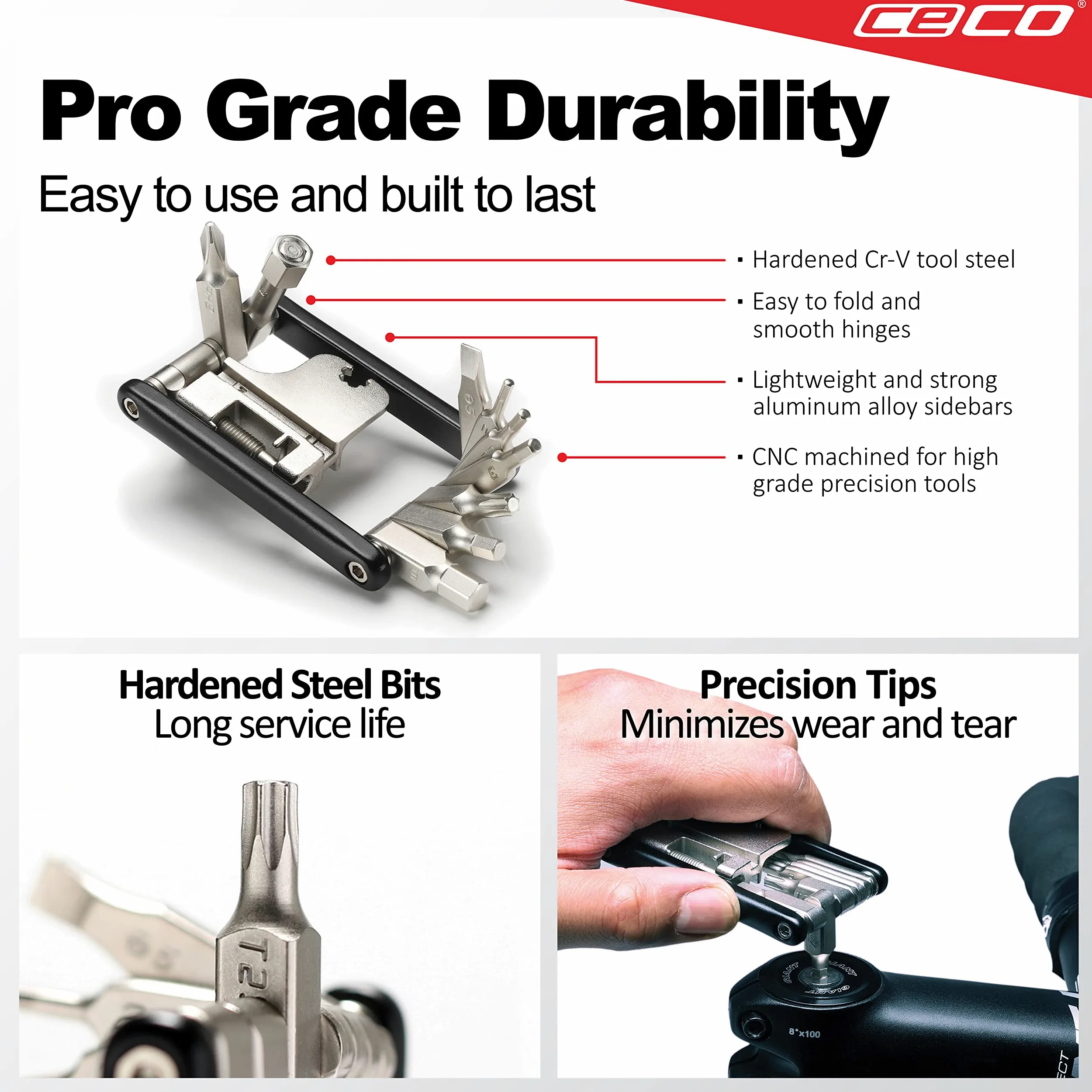 CECO - USA - Herramienta de bicicleta de 17 funciones con interruptor de cadena, multiherramienta para bicicleta, ultra delgada, tamaño de bolsillo compacto, ligera, acero de herramienta CR-V 6150 de