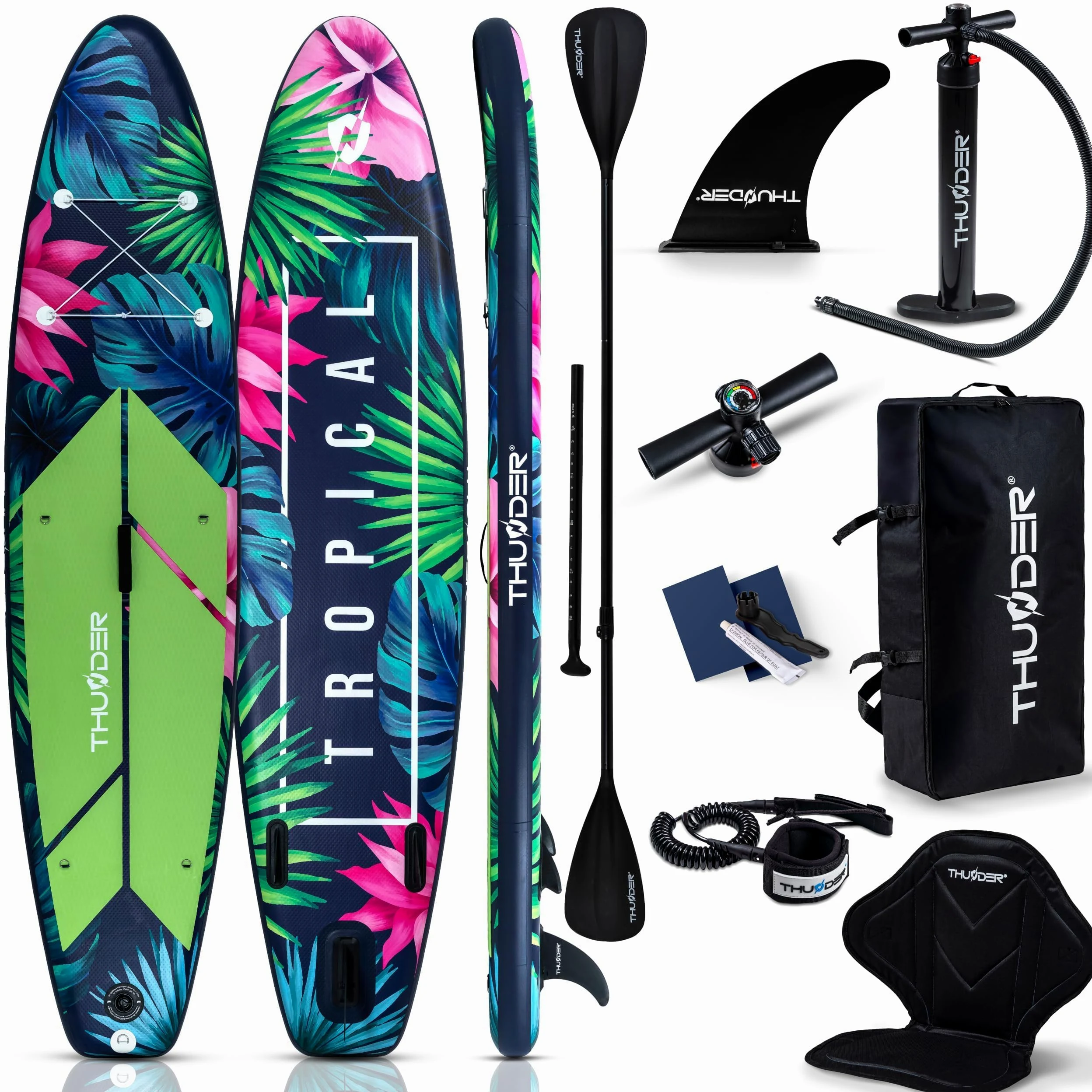 THUNDER Tabla de Sup Inflable de 320 cm con Asiento de Kayak – Set de Stand Up Paddle Board con Bomba, Remo y Mochila – Antideslizante para Adultos y Principiantes
