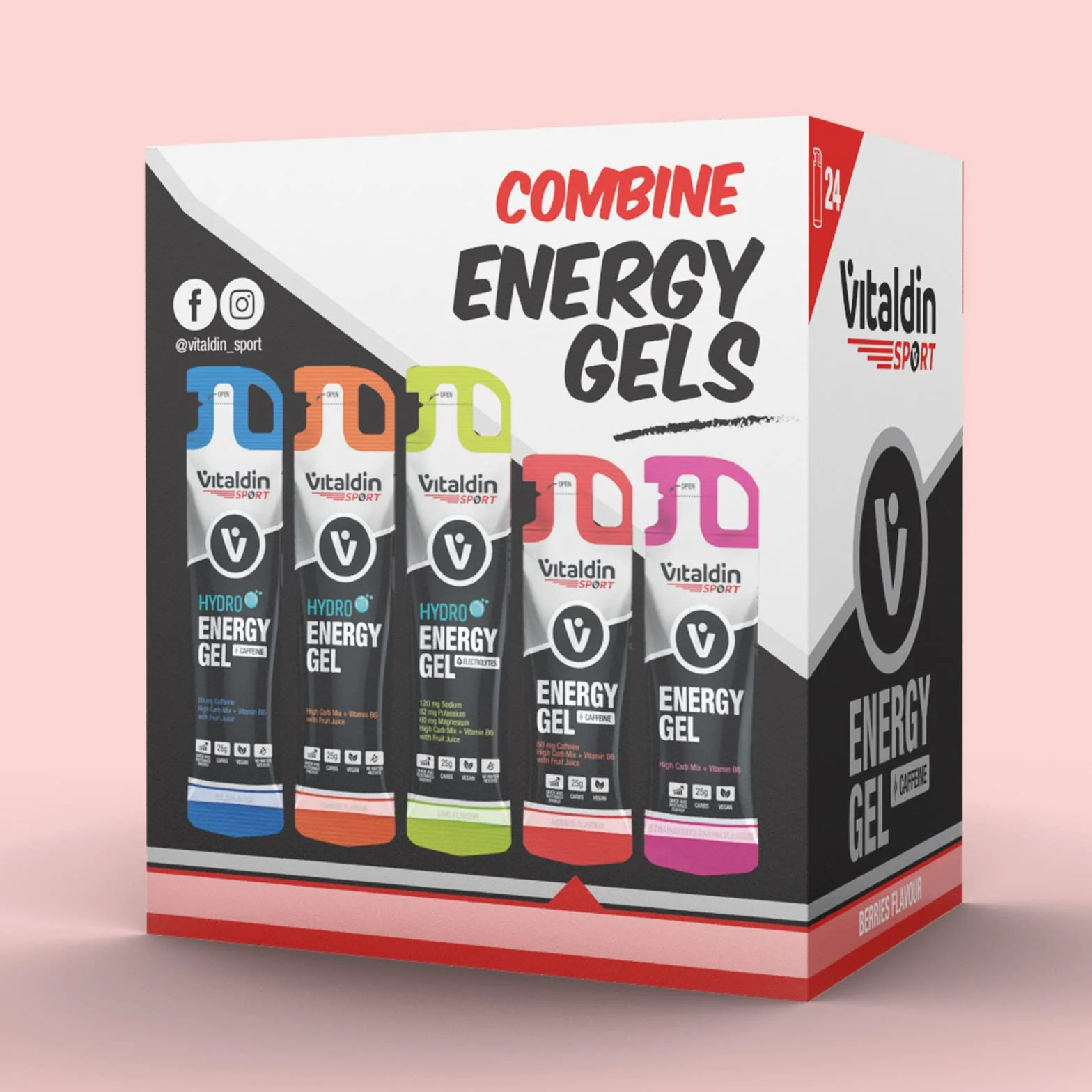VITALDIN SPORT Energy Gel Caffeine 24 x 40 g Gel Energético Frutos Rojos 60 mg Cafeína Vitamina B6