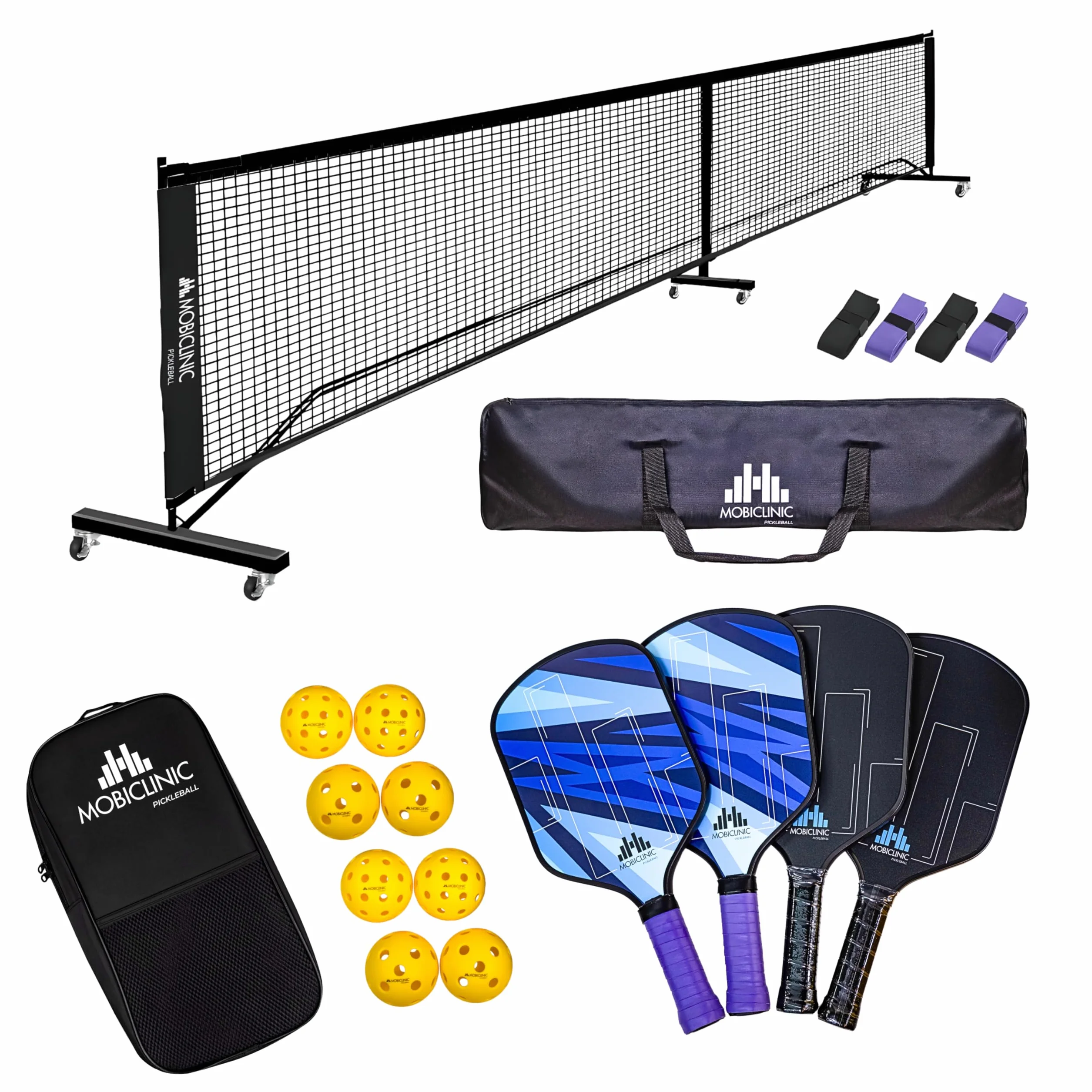 Mobiclinic®, Set de Pickleball, Palas de Fibra Vidrio, Pelotas Interior y Exterior, Bolsa Transporte, Núcleo de Polipropileno de Panal, Grip Antideslizante (4 Palas + 8 Pelotas + Red)