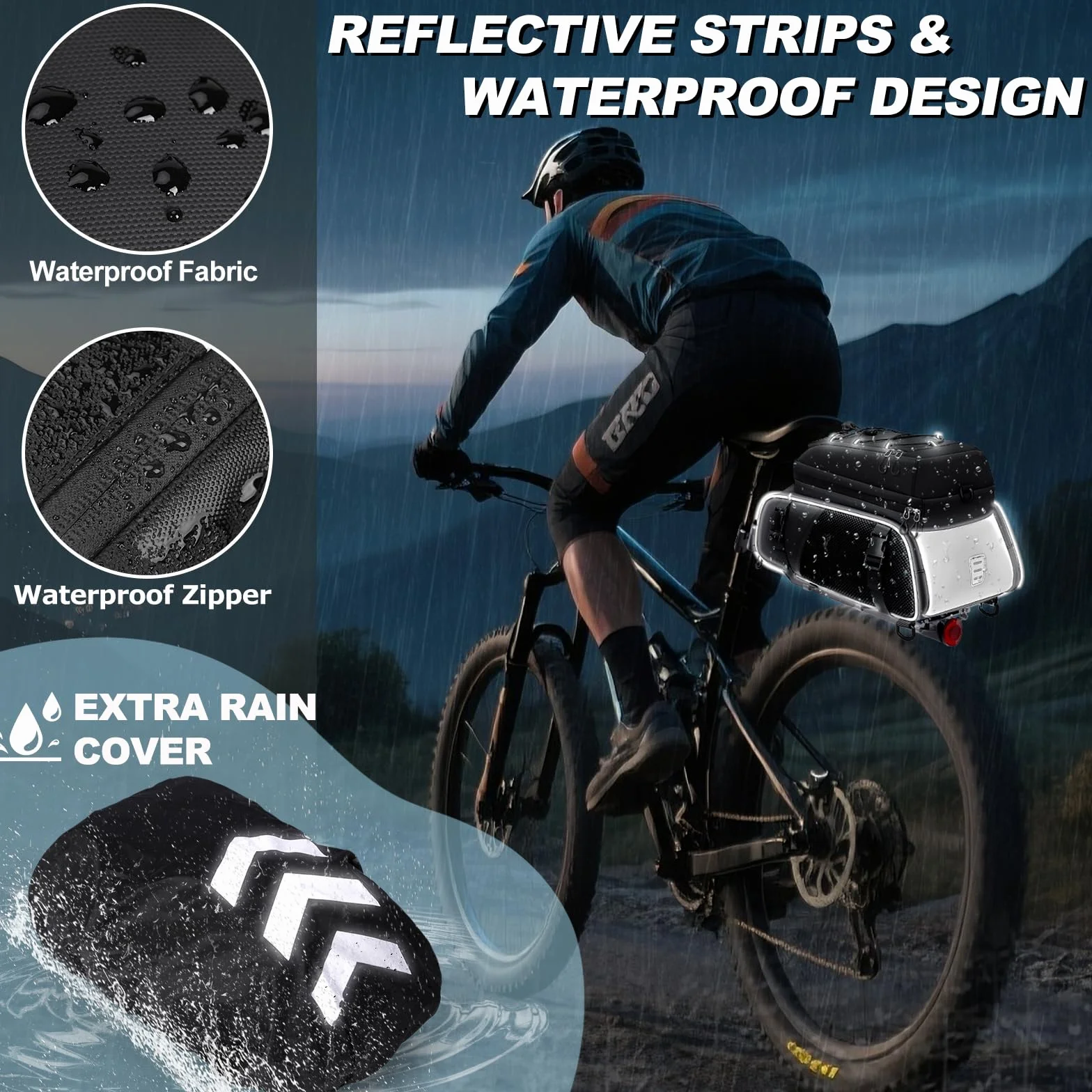 RAINSMORE 3 en 1 Alforjas Bicicleta 15L Bolsa Trasera con Cubierta de Lluvia y Bandolera, Impermeable y Reflectante, como Maleta Bicicleta,Bolso Bandolera