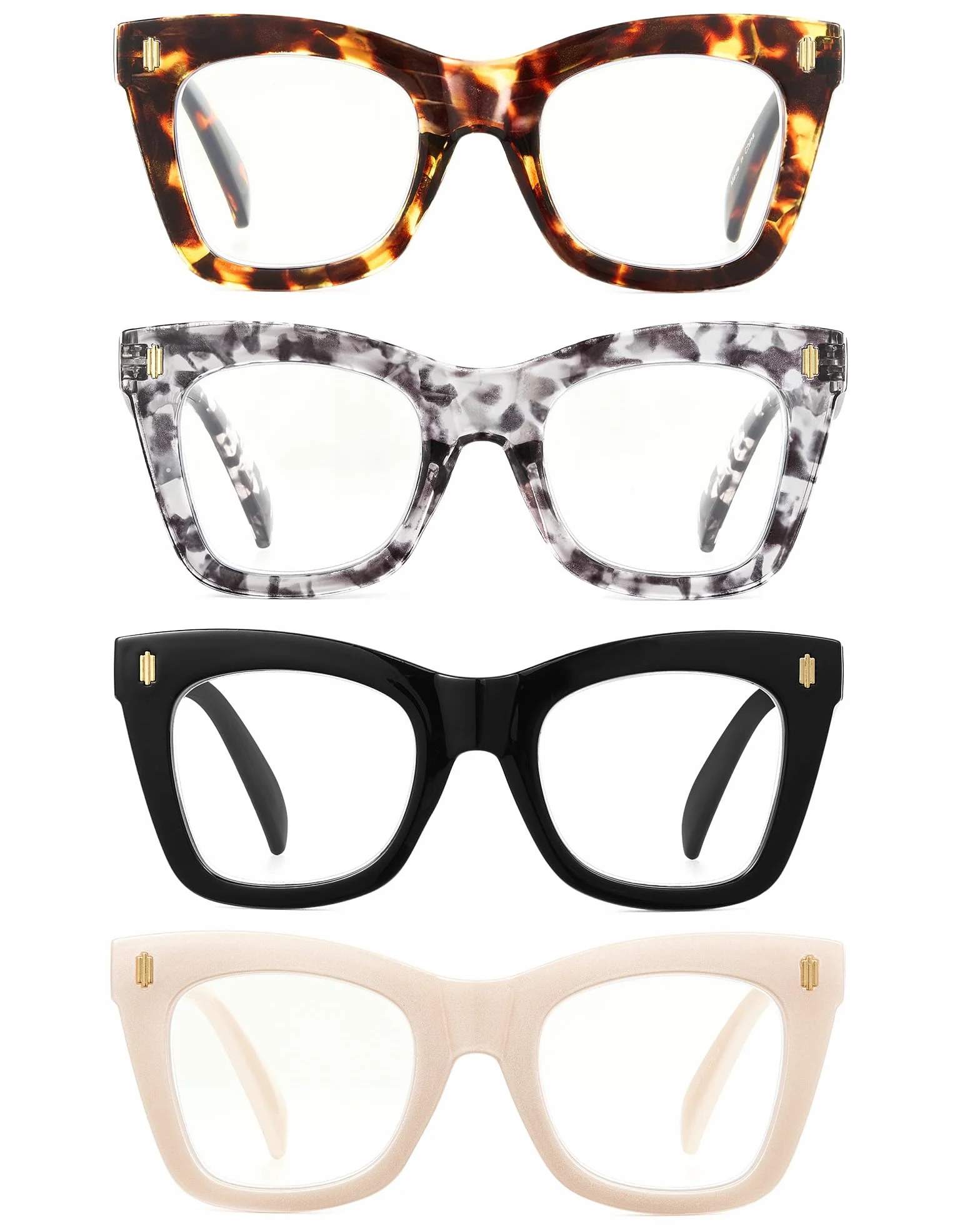 JM Gafas de Lectura para Mujer, Cuadrado Moda Grande Ojo de Gato, Luz Azul, 4 Pack