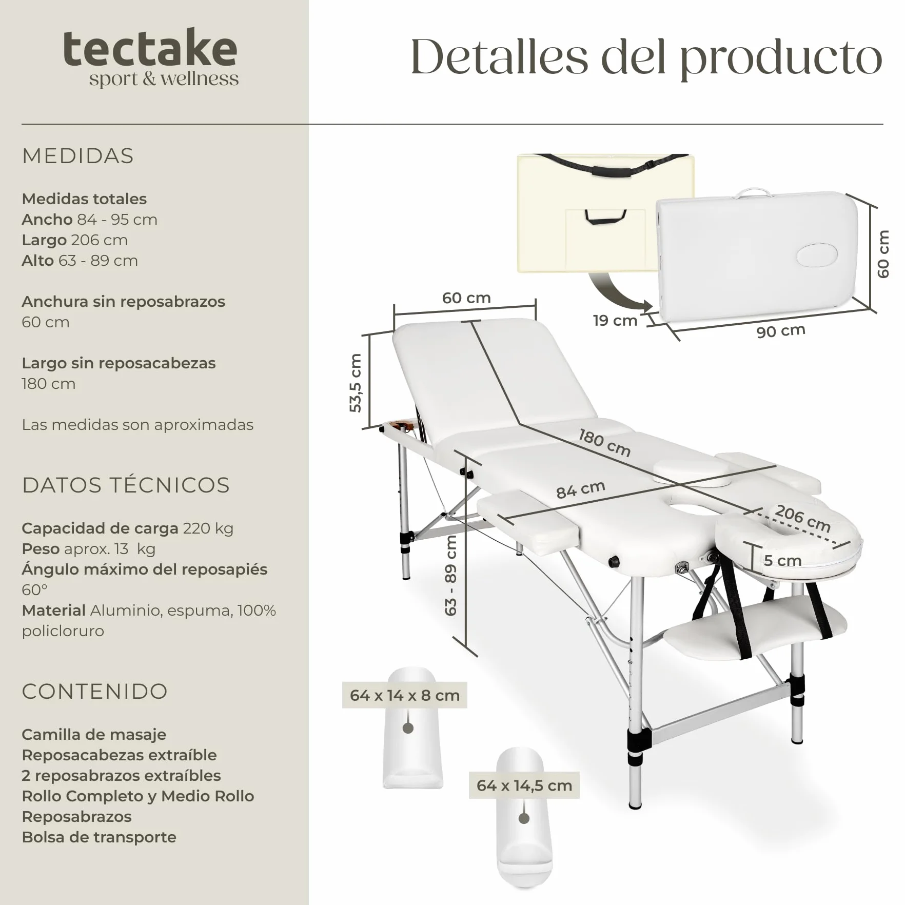 Tectake Camilla de Masaje Plegable de Aluminio, Altura Ajustable, 3 Zonas, con Bolsa de Transporte - Blanco