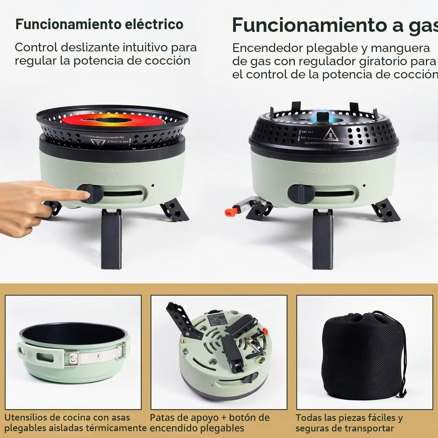 Skandika Hornillo de camping Rask | Hornillo híbrido para camping, 2 en 1, funciona con electricidad o gas, encendido piezoeléctrico, con utensilios de cocina (verde)