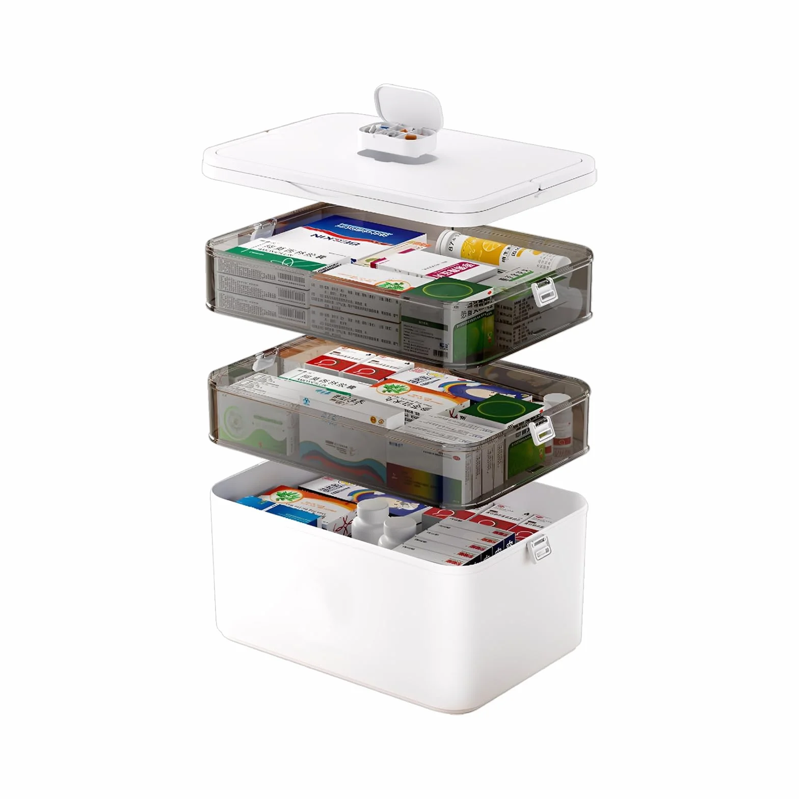 Maletín de medicamentos 3 niveles, caja de almacenamiento con tapa, 31×16.5×25.5 cm
