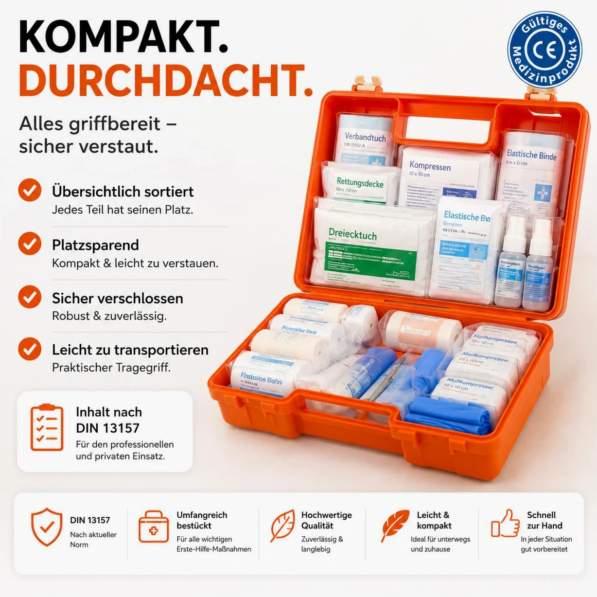 Botiquín de primeros auxilios - Caja DIN 13157 para pared, hogar y empresa - y 5 pegatinas - botiquín de primeros auxilios naranja - incl. montaje en pared