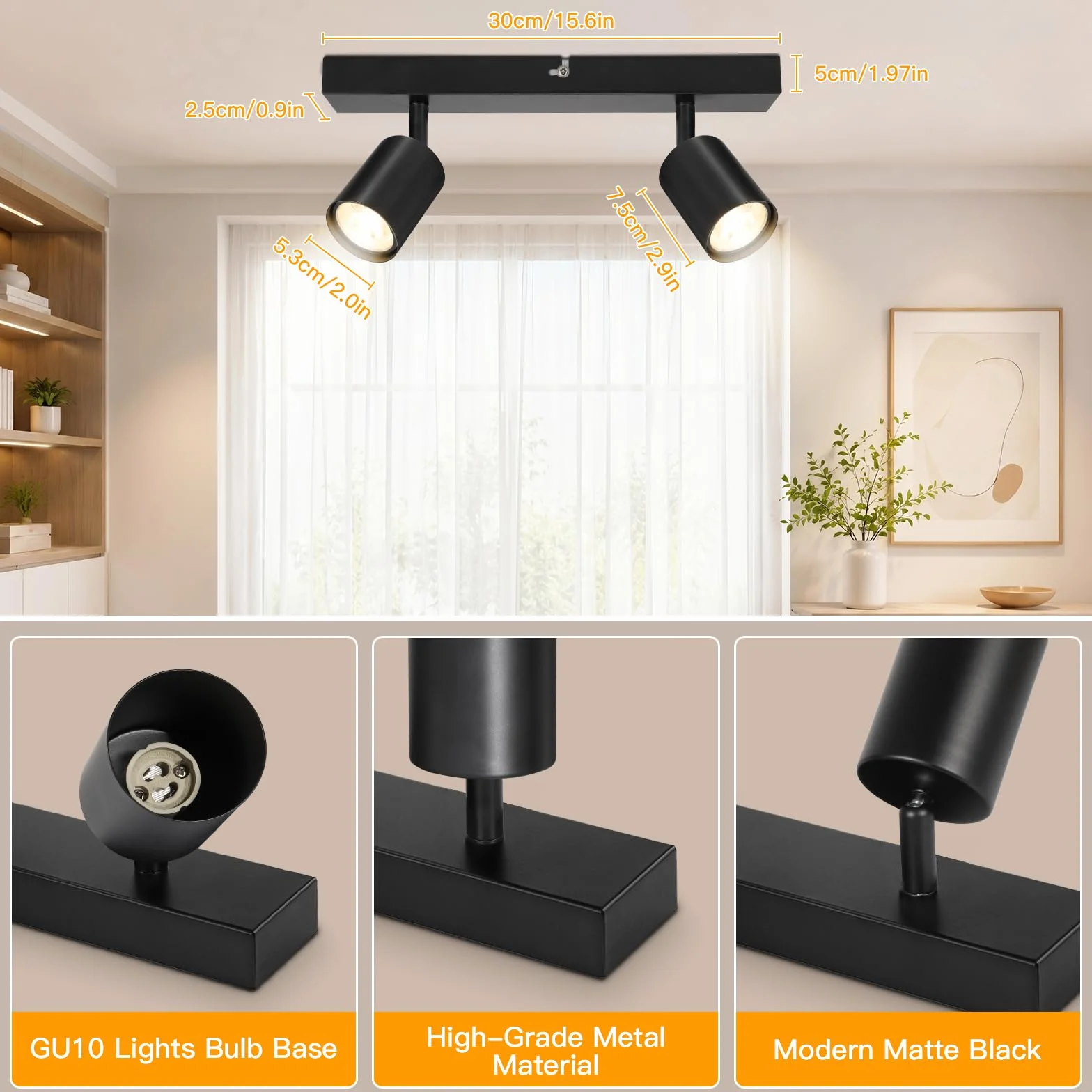 Lámpara de Techo 2 Focos Giratorios GU10, Lámpara de Pared LED Negro Ajustable, Iluminación Interior Dormitorio Pasillo Cocina