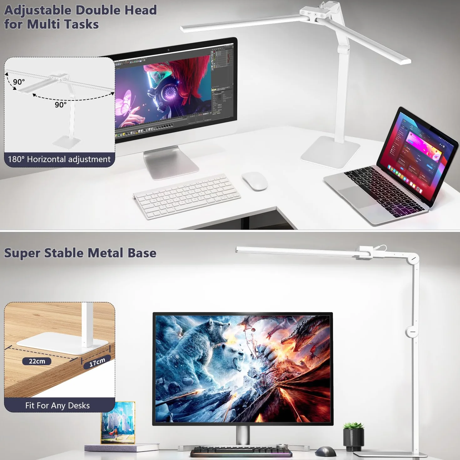 KableRika Lámpara Escritorio LED 24W 80cm Flexo Doble Cabezal Base Regulable 1200 lúmenes